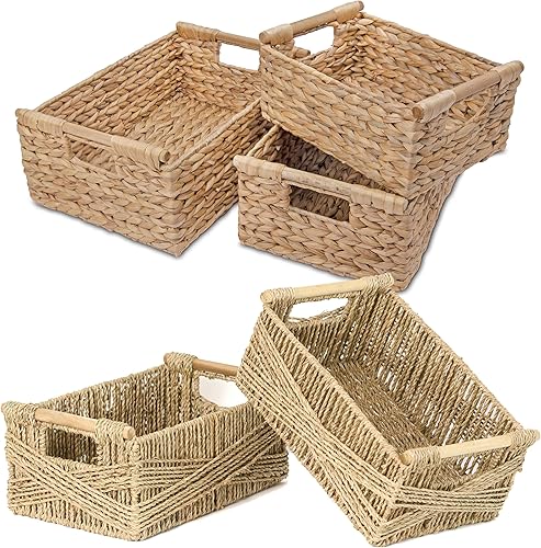 VATIMA Juego de cestas de mimbre de jacinto de 3 tamaños, rectangular, asas de madera, organizador de estantes, contenedores naturales