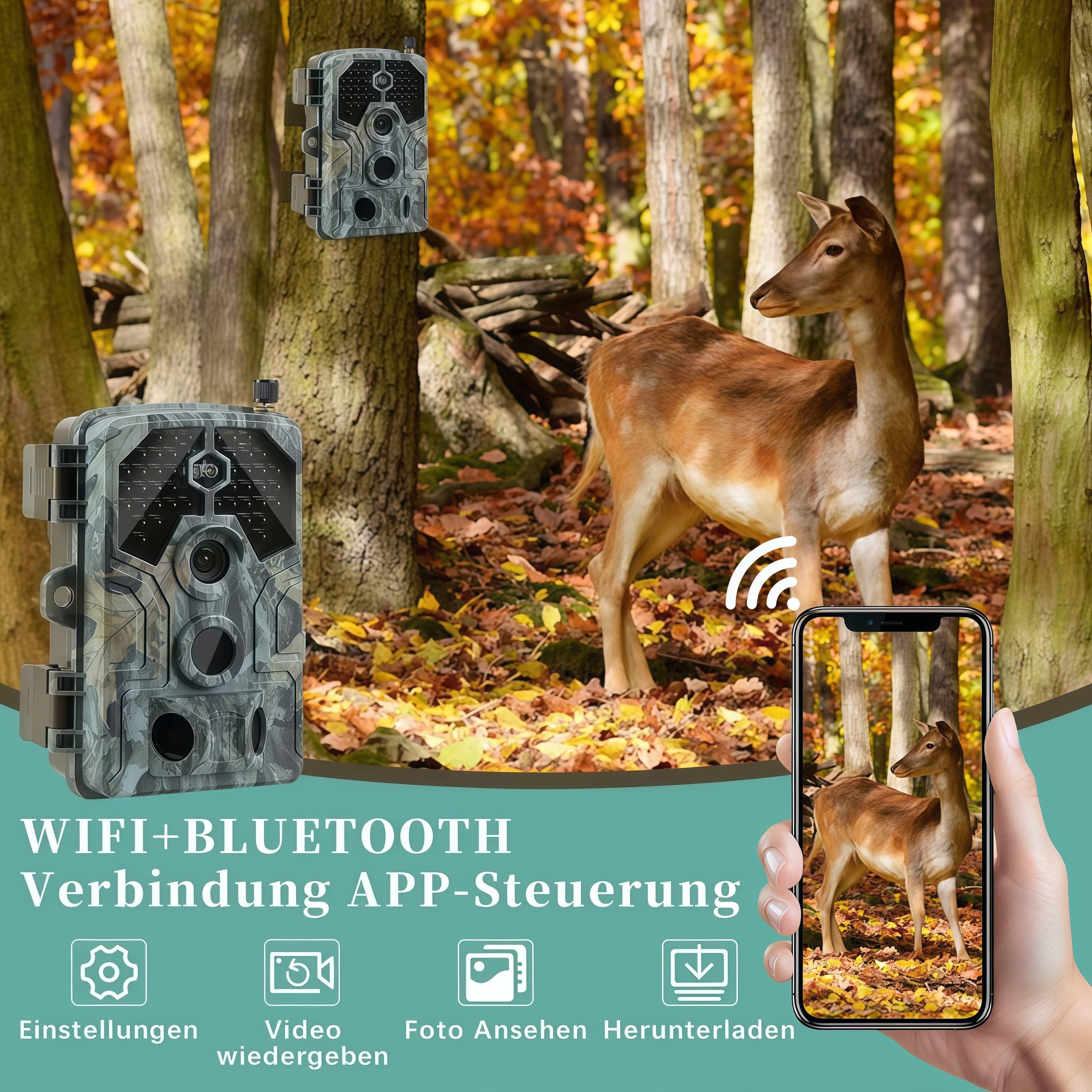Wildkamera 64MP 4K Nachtsichtkamera mit WLAN & Bluetooth, Bewegungsmeldung für Jagd, Wald, Überwachung und Forschung, Video mit Tonaufnahme, Passwort Schutz, IP66 Wasserdicht, 120° Weitwinkel