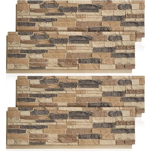 4 Pack Faux Stone Panels Interior 45.6''l x 11.8''h x 0.98''d Faux Siding Panels Exterior Artificial 3D Veneer for Wall Decor Outdoor Home Improvement Projects (PU,Light Brown)