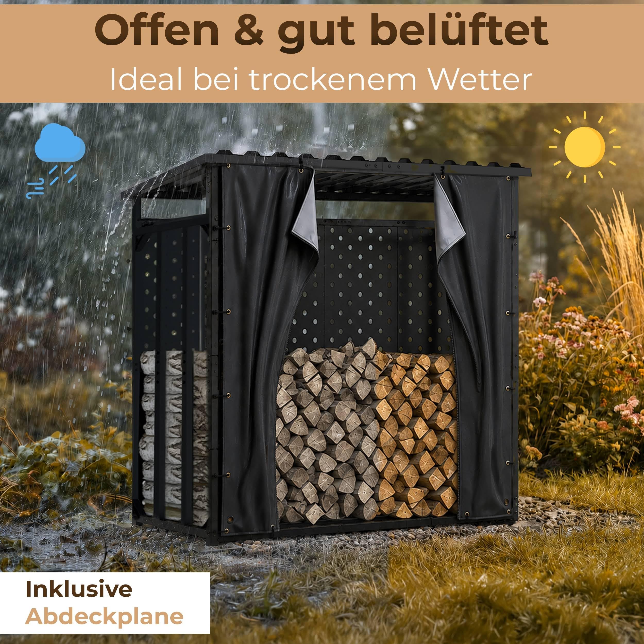 Kaminholzregal mit Rückwand außen 187x88x186 | verzinkt Metall Garten Holzregal Stapelhilfe mit Abdeckplane XXL Feuerholz Unterstand Metall Dach mit Wetterschutz