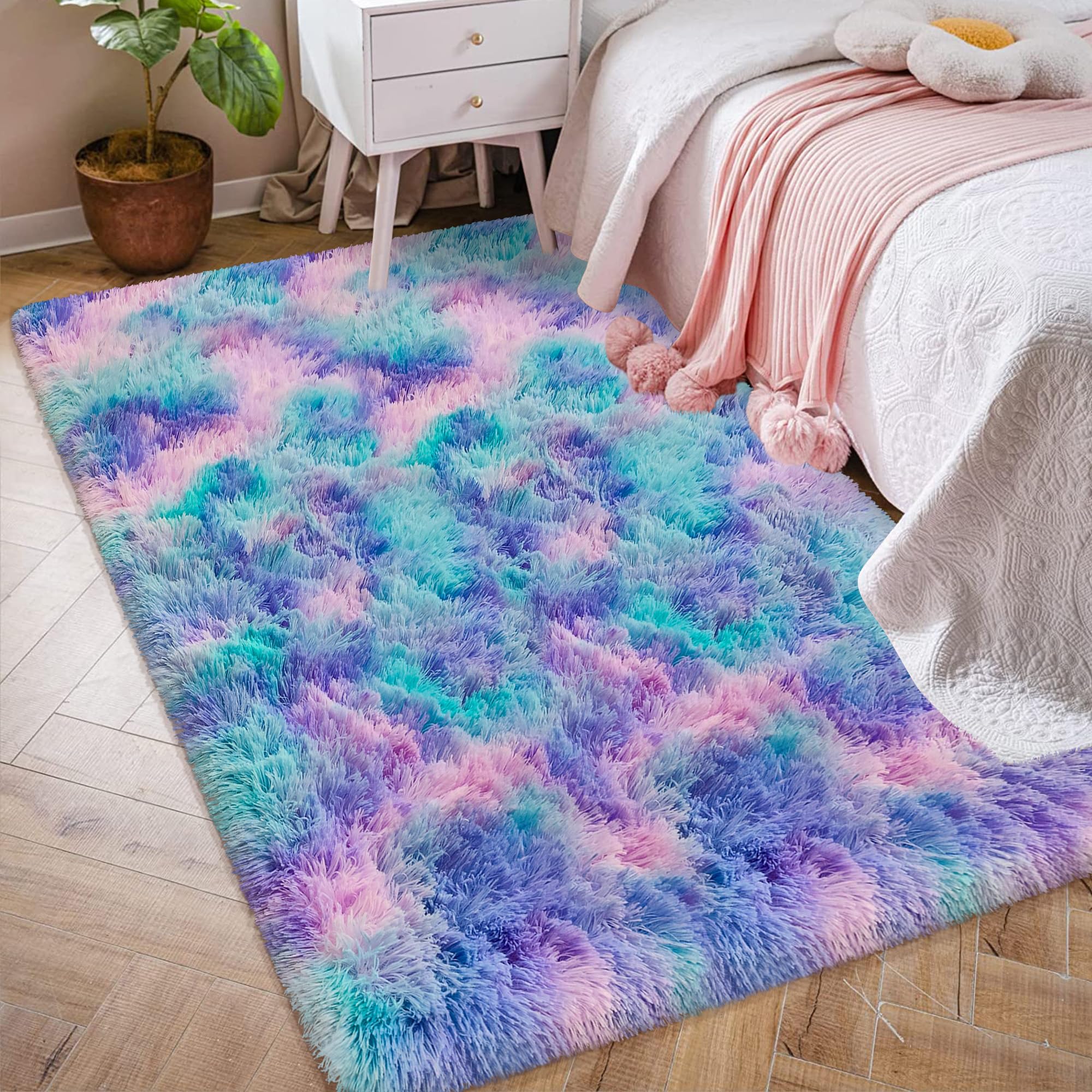 Moquette douce à poils longs pour chambre de filles, tapis pelucheux et coloré pour chambre de filles, tapis de jeu à poils longs pour chambre d'enfant, de bébés et de filles, 1,2 x 1,8 m,