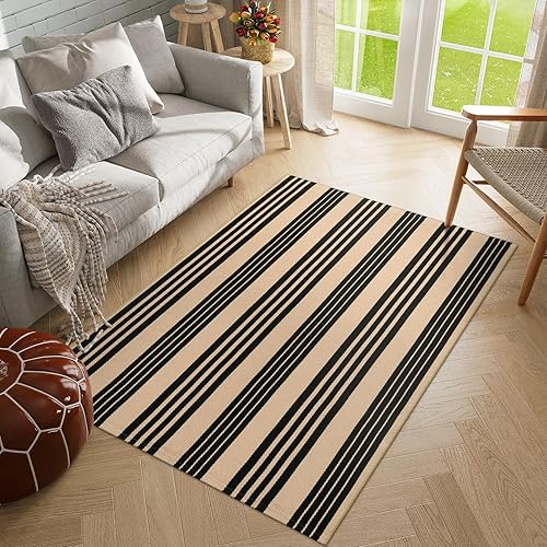 Vista 90 de Alfombra de exterior a rayas blancas y negras, 3 x 5 pies, de algodón, moderna, tejida a mano, reversible, alfombra de patio lavable en capas para 1