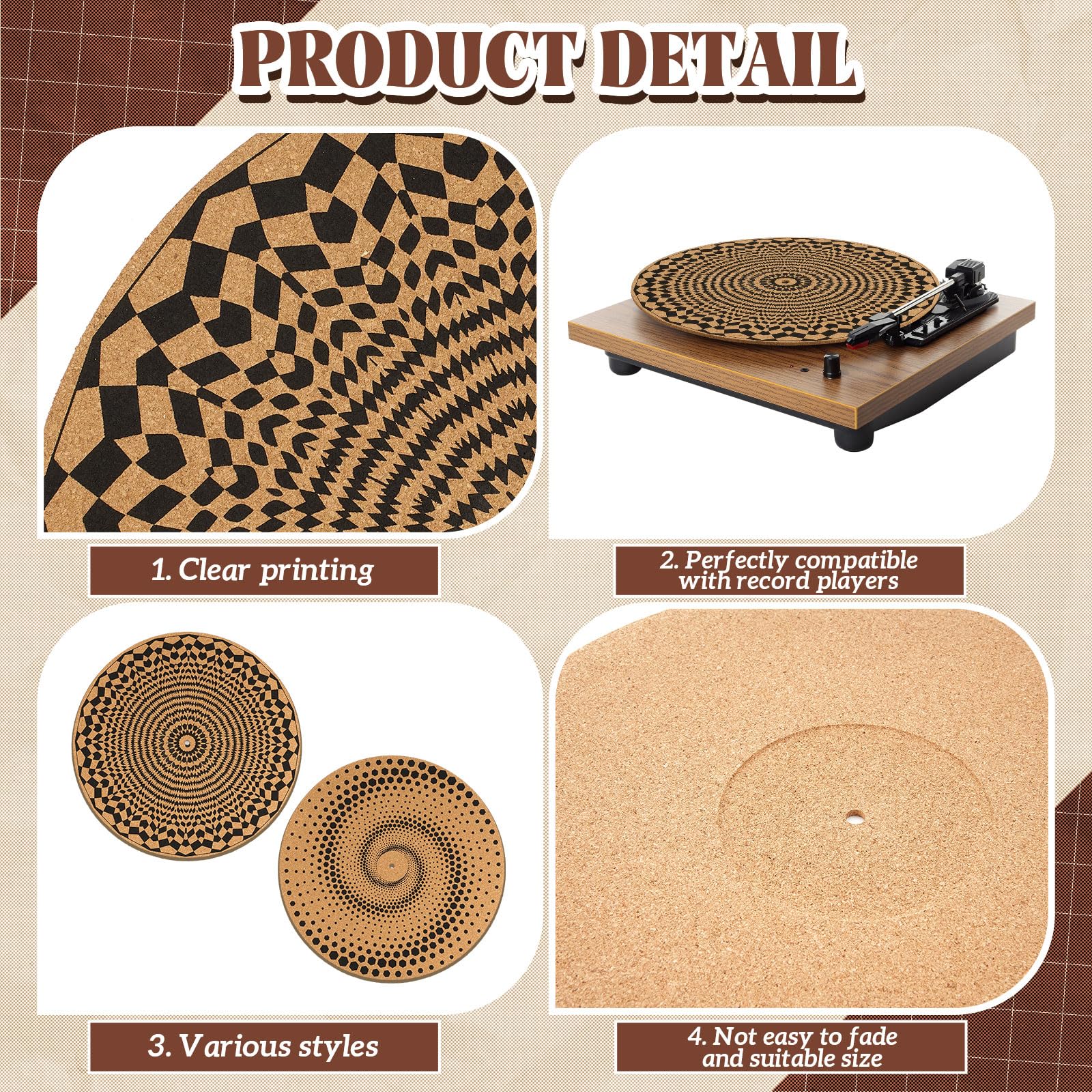 Briwooody 2 alfombrillas de corcho para tocadiscos de 3 mm de grosor para un mejor soporte de sonido en tocadiscos de vinilo LP de 11.8 pulgadas, tapete giratorio psicodélico geométrico para discos de