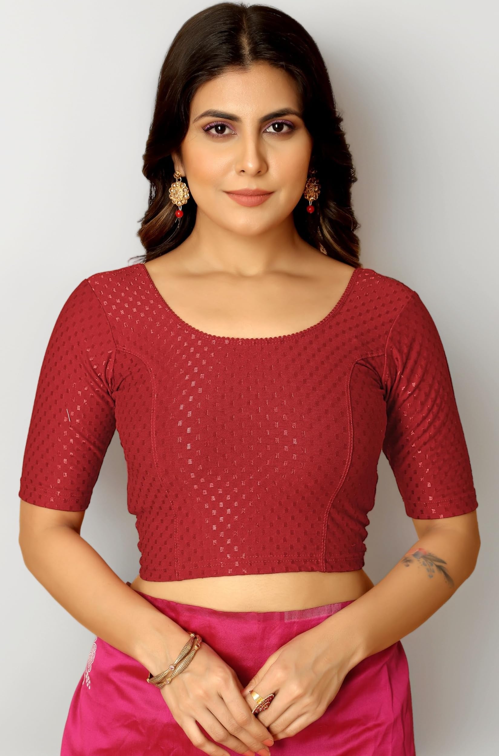 Amazon Brand - Anarva Round Neck Dobby Cotton Lycra Stretchable Elbow Half Sl...