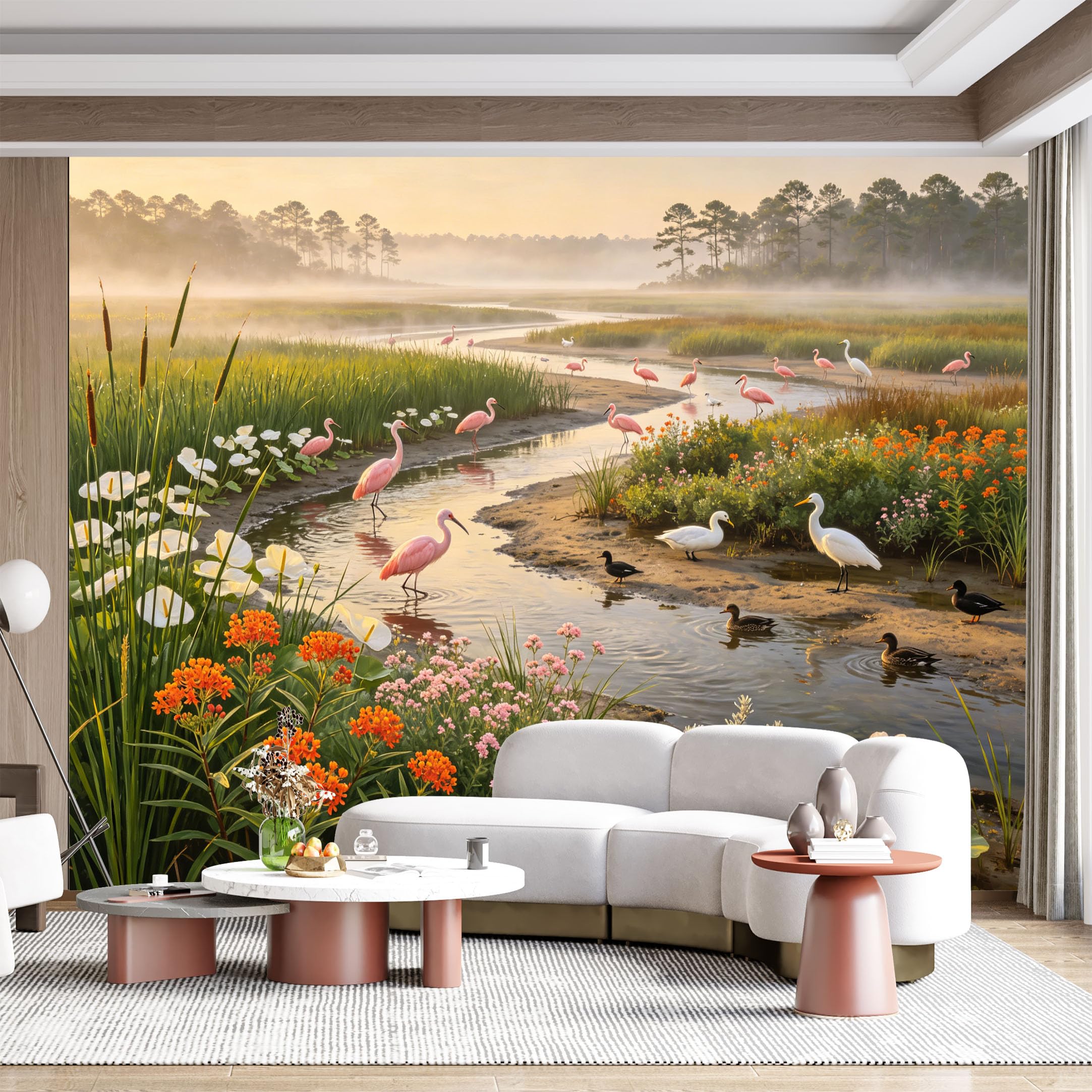 Custom Size Wall Mural Coastal Marsh Birds Pink Heron and White Egret Wetlands Landscape Watercolor SelfAdhesive Wall Fabric Removable for Home Office Decor