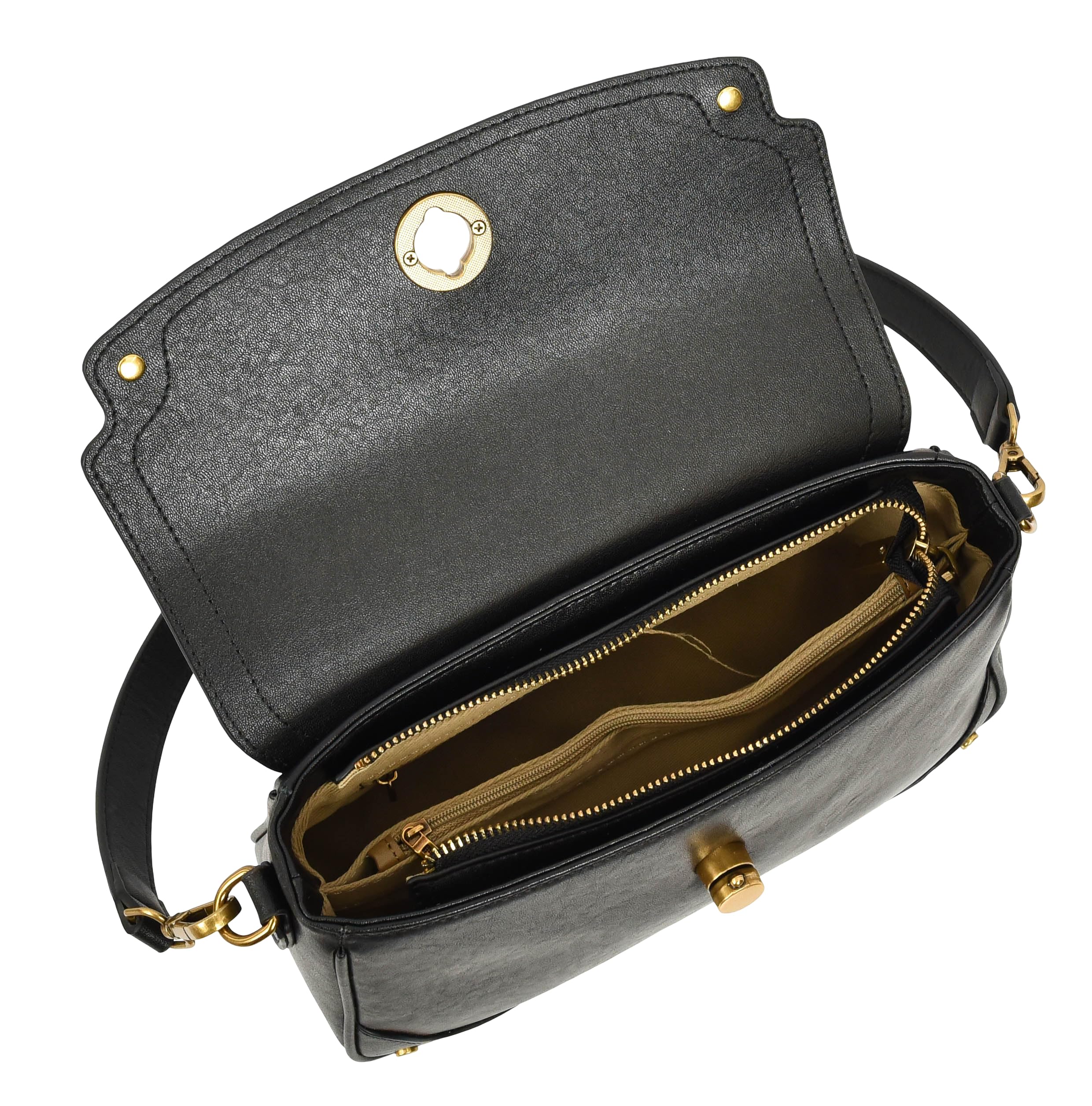 Bolso cruzado de cuero con solapa para mujer, bolso de hombro con cierre giratorio con herrajes dorados, tachuelas en las esquinas, bolsillo trasero con cremallera y forro beige |