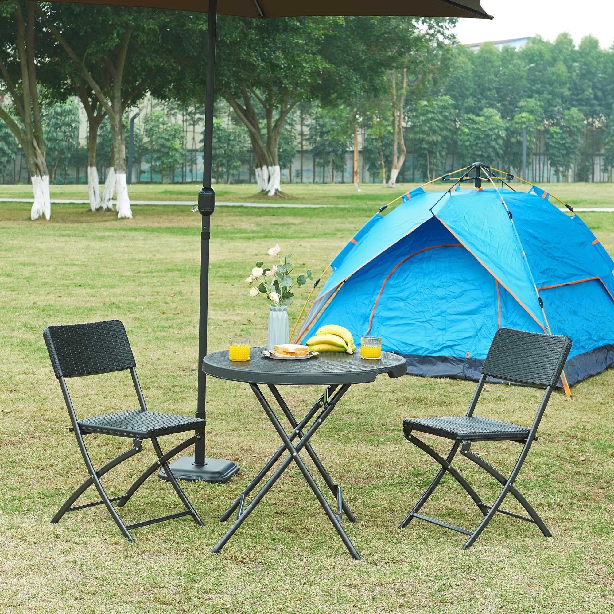 [en.casa] pro.tec składany stół piknikowy Camping przenośny stół do użytku na zewnątrz metalowa rama i blat plastikowy stół Ø80 x 74 cm czarny efekt rattanu