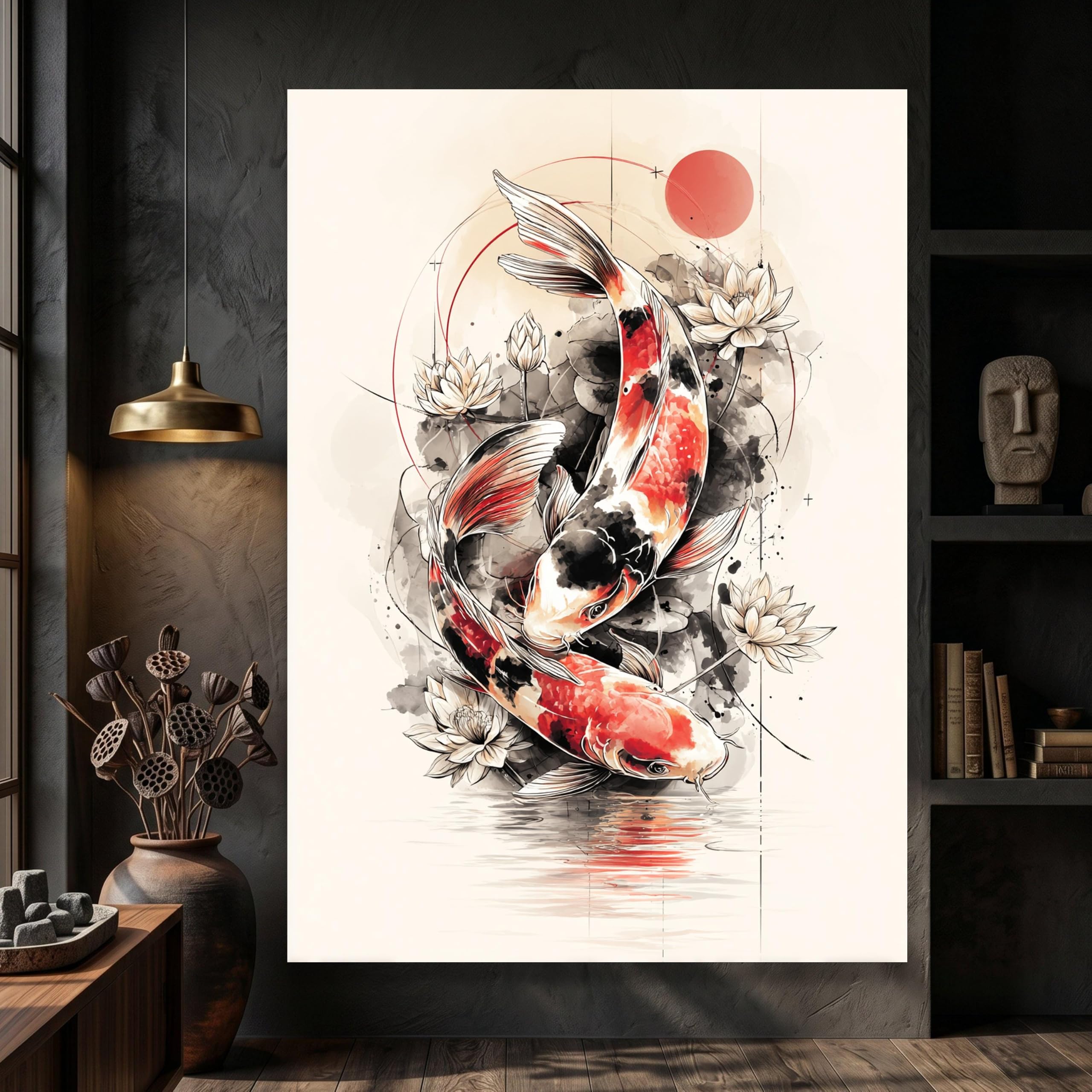 Fleur de lotus et reflet eau sur tableau japonais rétro - 8