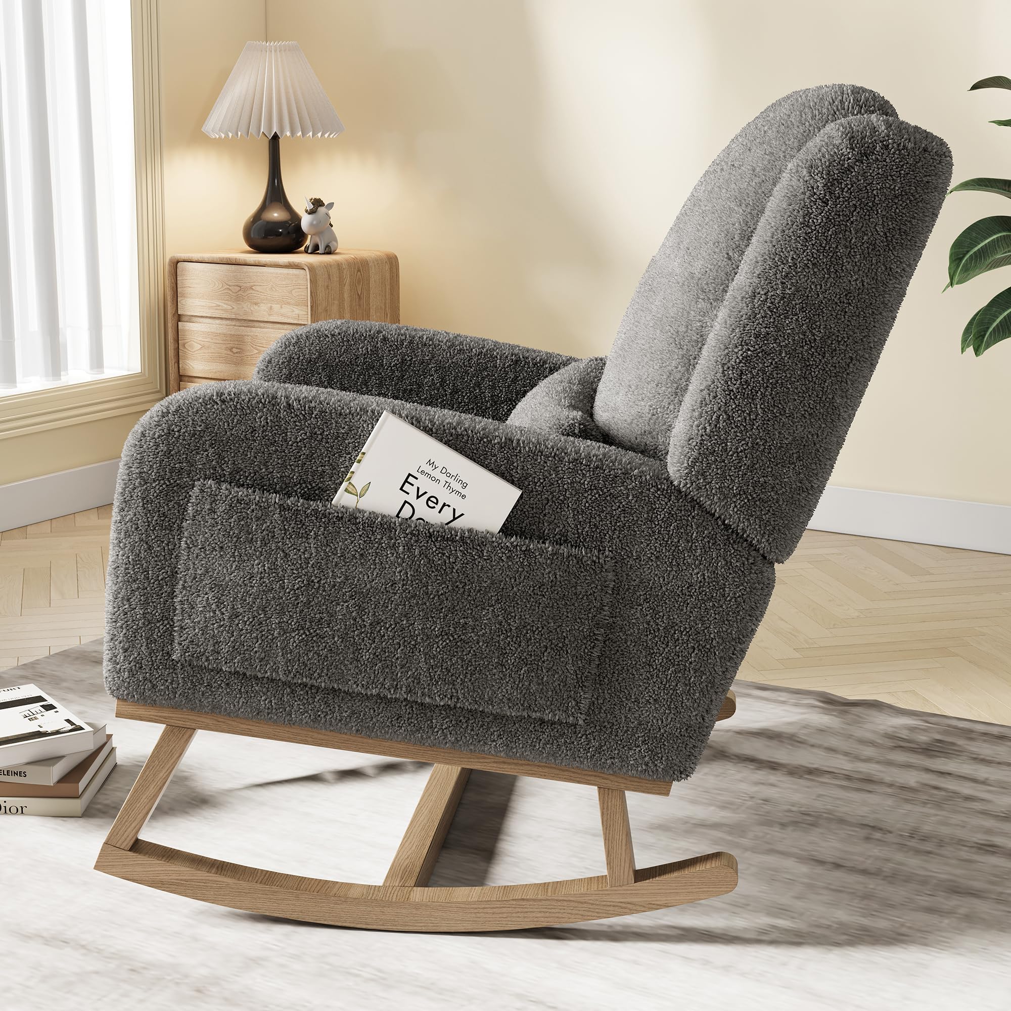 Silla Mecedora, Sillas Mecedoras de Salón, Silla de Lectura con Bolsillos de Almacenamiento en Ambos Lados, Silla Mecedora con Patas de Madera Maciza, 96x94x70cm, Terciopelo Teddy, Gris