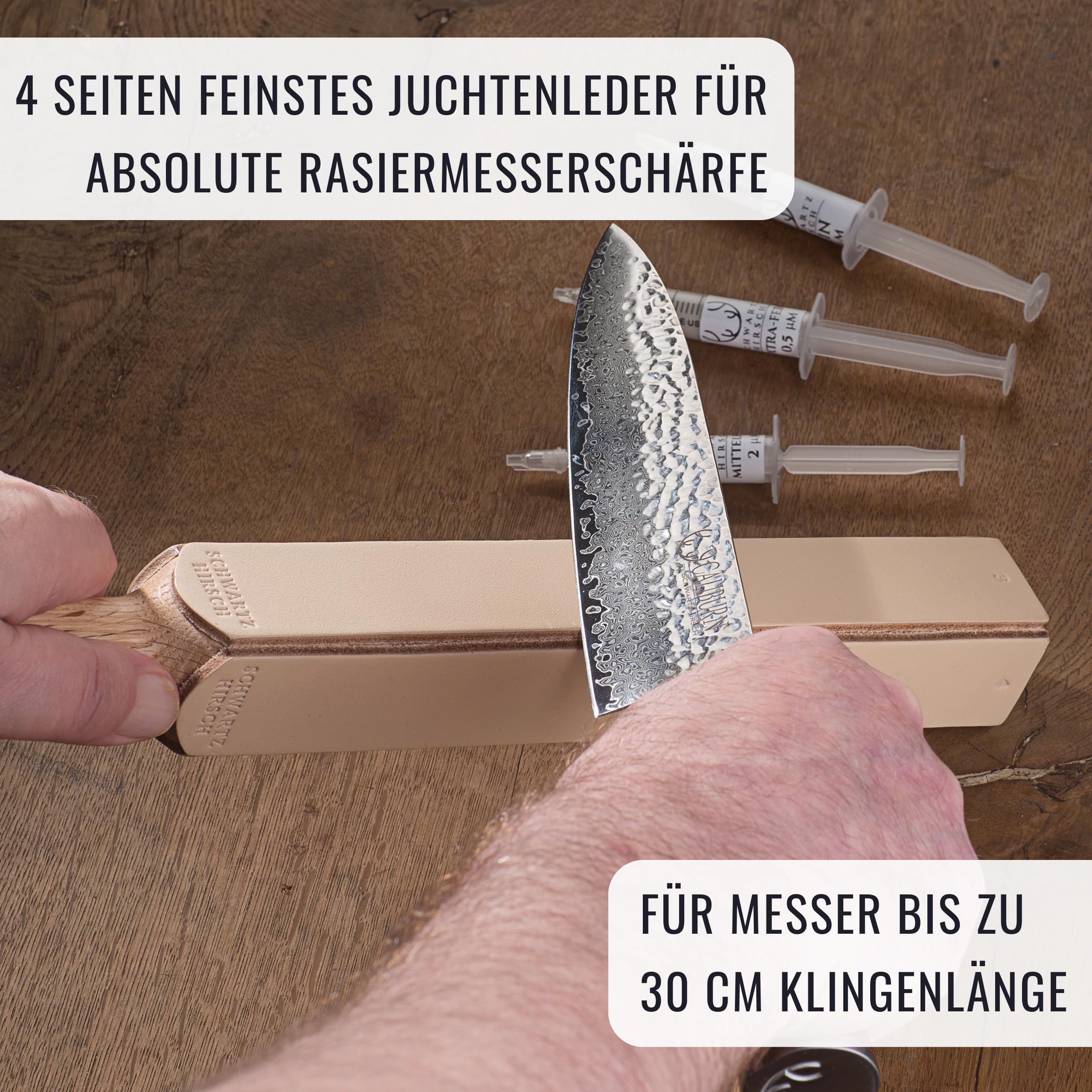 Gipfelglätter – Der 4-seitige Streichriemen aus einem Stück Eiche mit Diamantpasten im Set (Abziehleder, ergonomischer Griff, Geschenkverpackung)