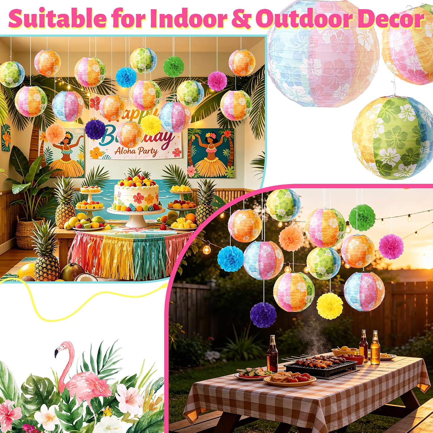 Fovths 18 Pcs Beach Party Decorations Paper Lanterns, Hawaiian Party Decorations with Hibiscus Chrysanthemum Lantern, 6" 8" 10" Tissue Pom Poms Honeycomb Balls Hanging Decor for Tropical Luau Summer