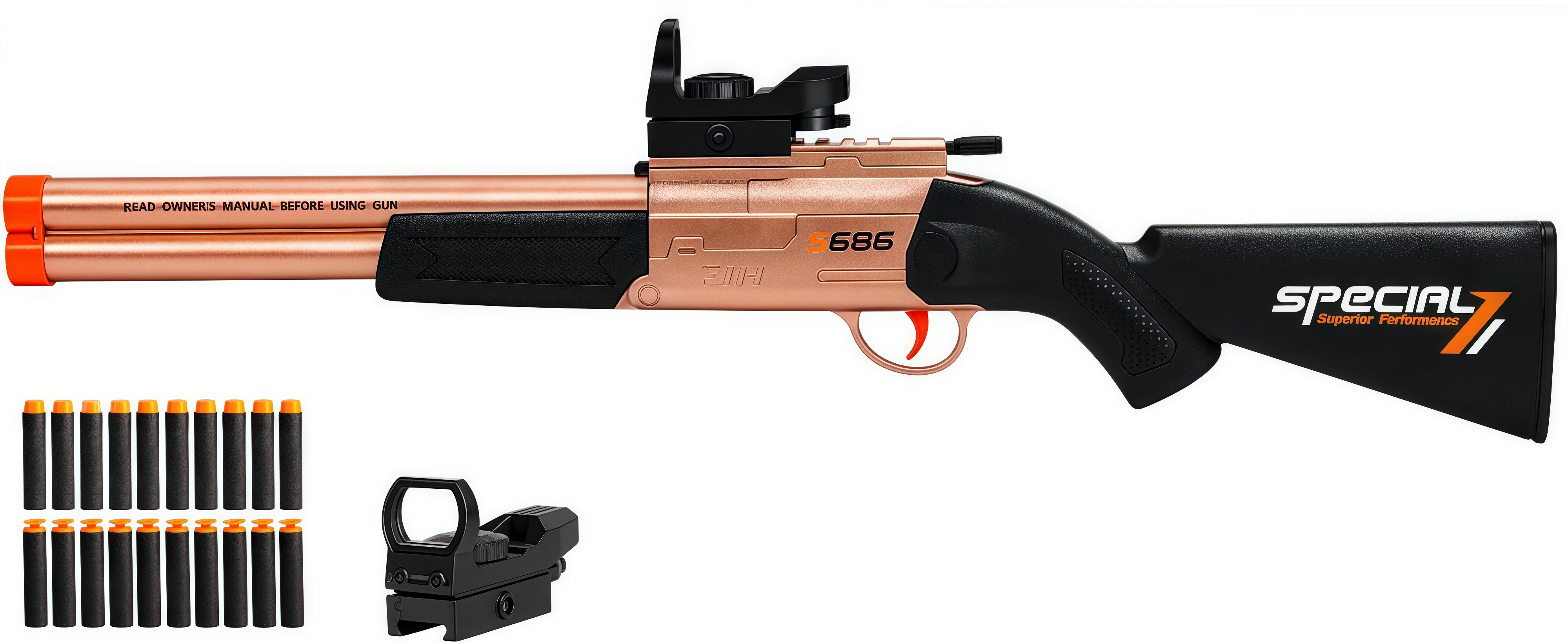 Double Barrel Toy Foam Blaster with Geen Dot Scop Foam Squirt Foam