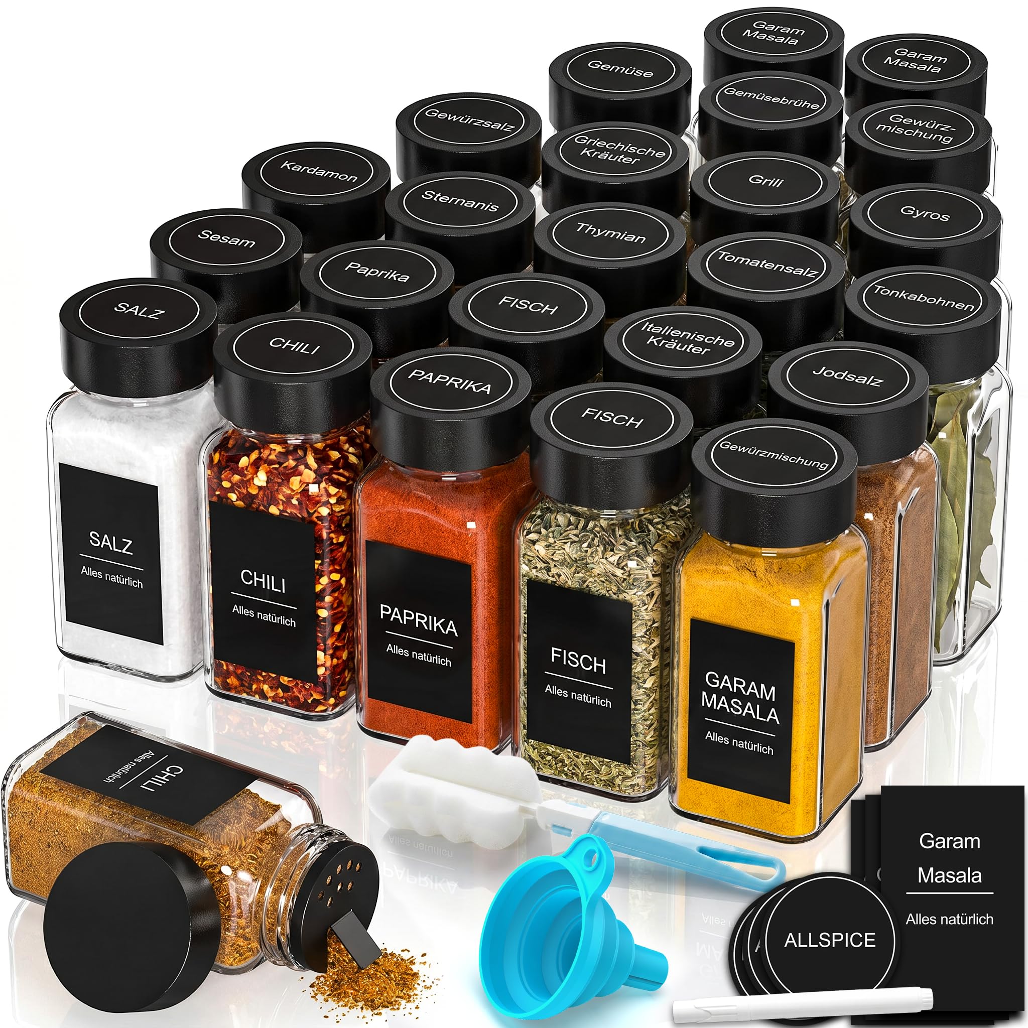 DIFULI 48 Gewürzgläser Eckig Set mit Deckel, 120ml Gewürzdosen mit 340 Etiketten,Sieben (48)
