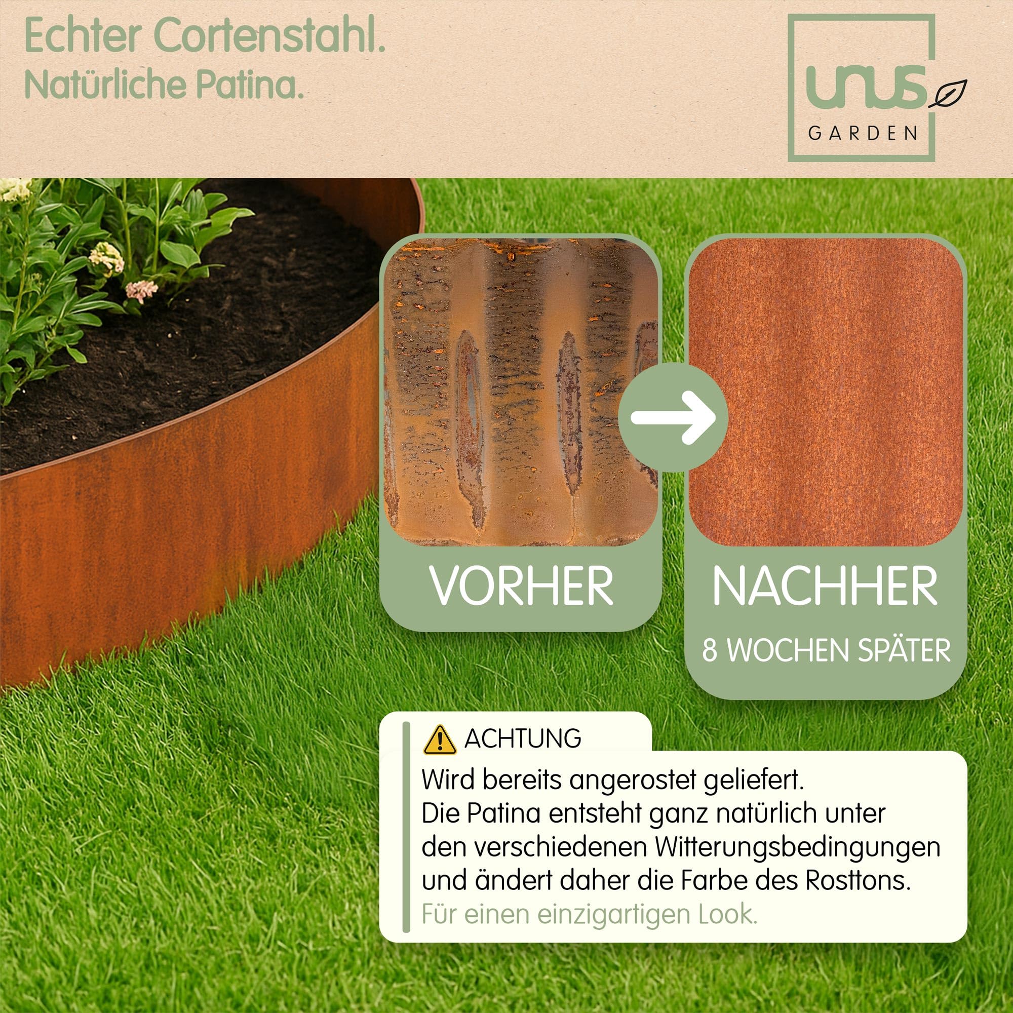 UNUS Rasenkante aus Cortenstahl 10 m x 14 cm Flexible Beetumrandung wetterfestes Metall Beeteinfassung für Garten, Beet, Rasen und Wege inkl. Handschuhe