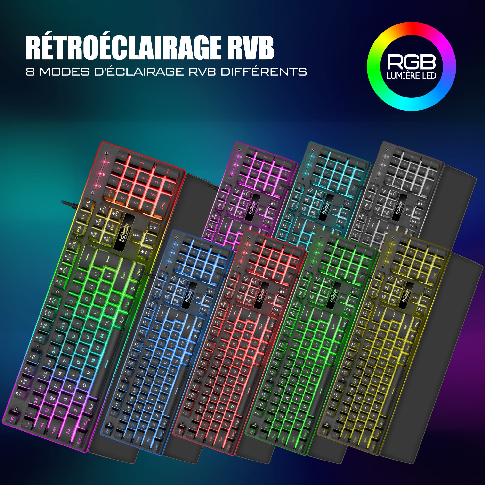 RedThunder K10 Ensemble Gaming Clavier et Souris Gamer Usb, AZERTY FRANÇAIS + Repose-Poignets, Clavier Anti-Ghosting Rétroéclairé RVB et 7200 DPI avec Souris Ergonomique pour Les Joueurs (Noir)