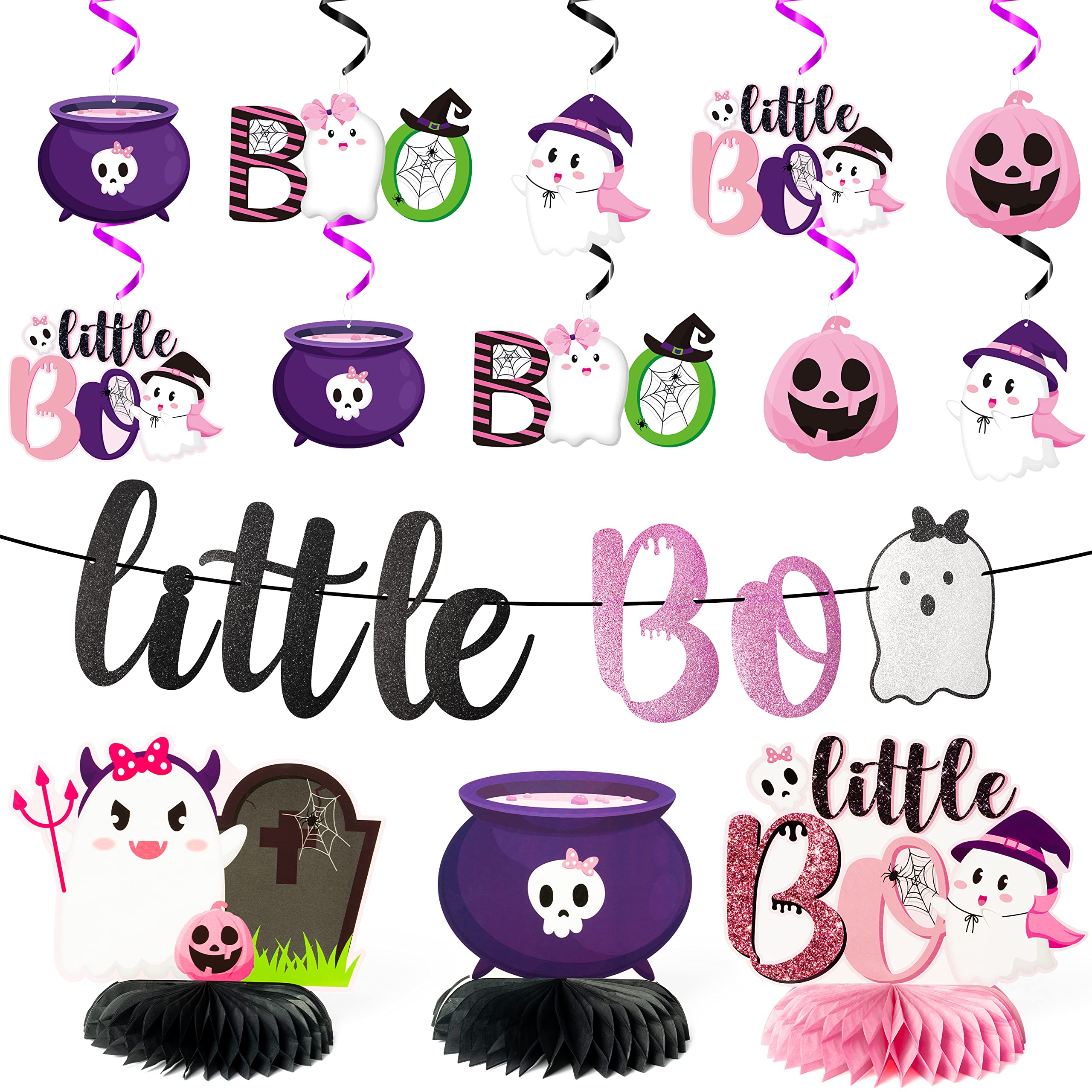 Photo 1 of AwserTantue 24Pcs Halloween Little Boo Baby Shower Decoration Set, Glitter Pink and Black Little Boo Banner Hanging Swirl Honeycomb Centerpieces Table Topper for Kids Baby Shower Halloween Party Decor