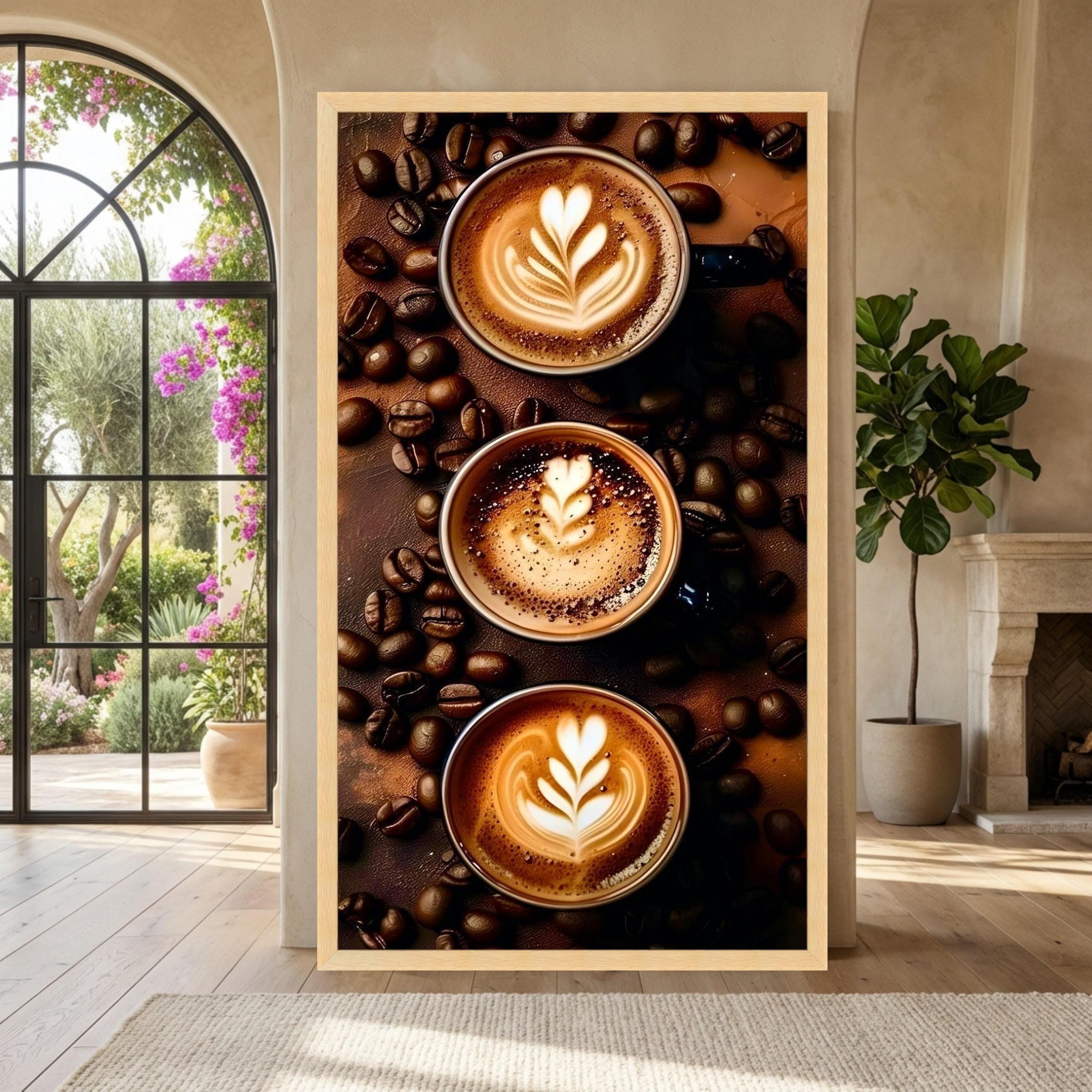 TONGYINLI Coffee Cups Artistic Canvas, Cafe Latte Art Kitchen Wall Decor, Coffee Beans Canvas Painting, Coffee Art Print(40x70cm/Internal Frame)