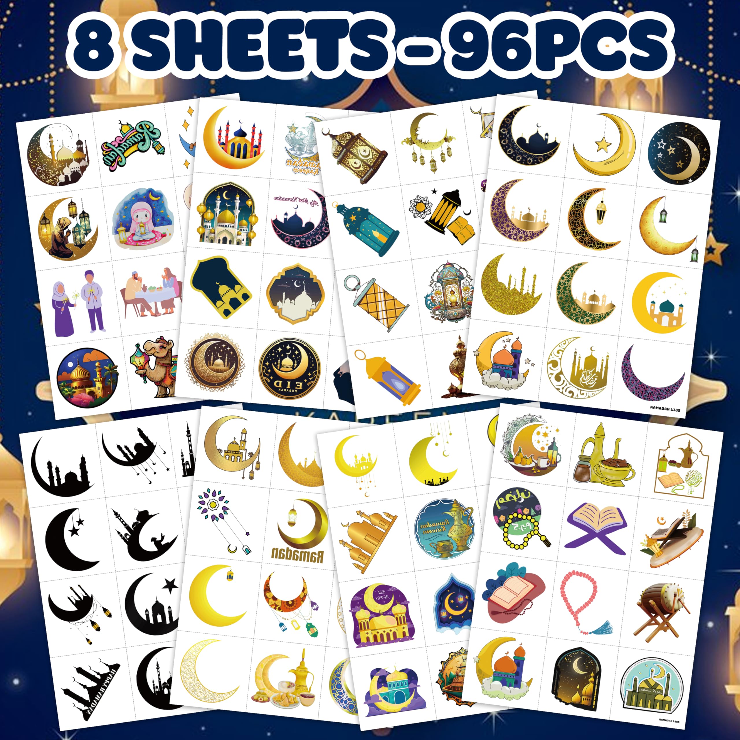 96 PCS Funny Happy Eid Al Adha Ramadan Kareem Mubarak Pre-cut Temporary Tattoos Sticker Birthday Moon Star Party Decorations Supplies Favors Boys Girl Cute Fake Tattoo School Reward Themed Festival