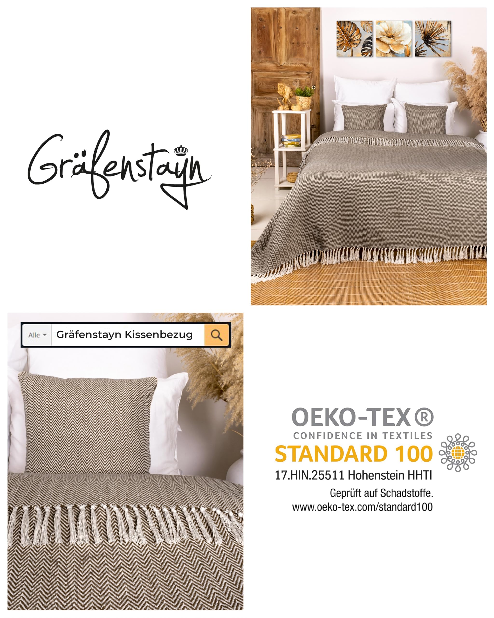 Gräfenstayn Narzuta klasy premium z frędzlami, 100% bawełna, wzór w jodełkę, koc letni, bawełniany koc na łóżko, na kanapę, na sofę, 150 x 200 cm, brązowa