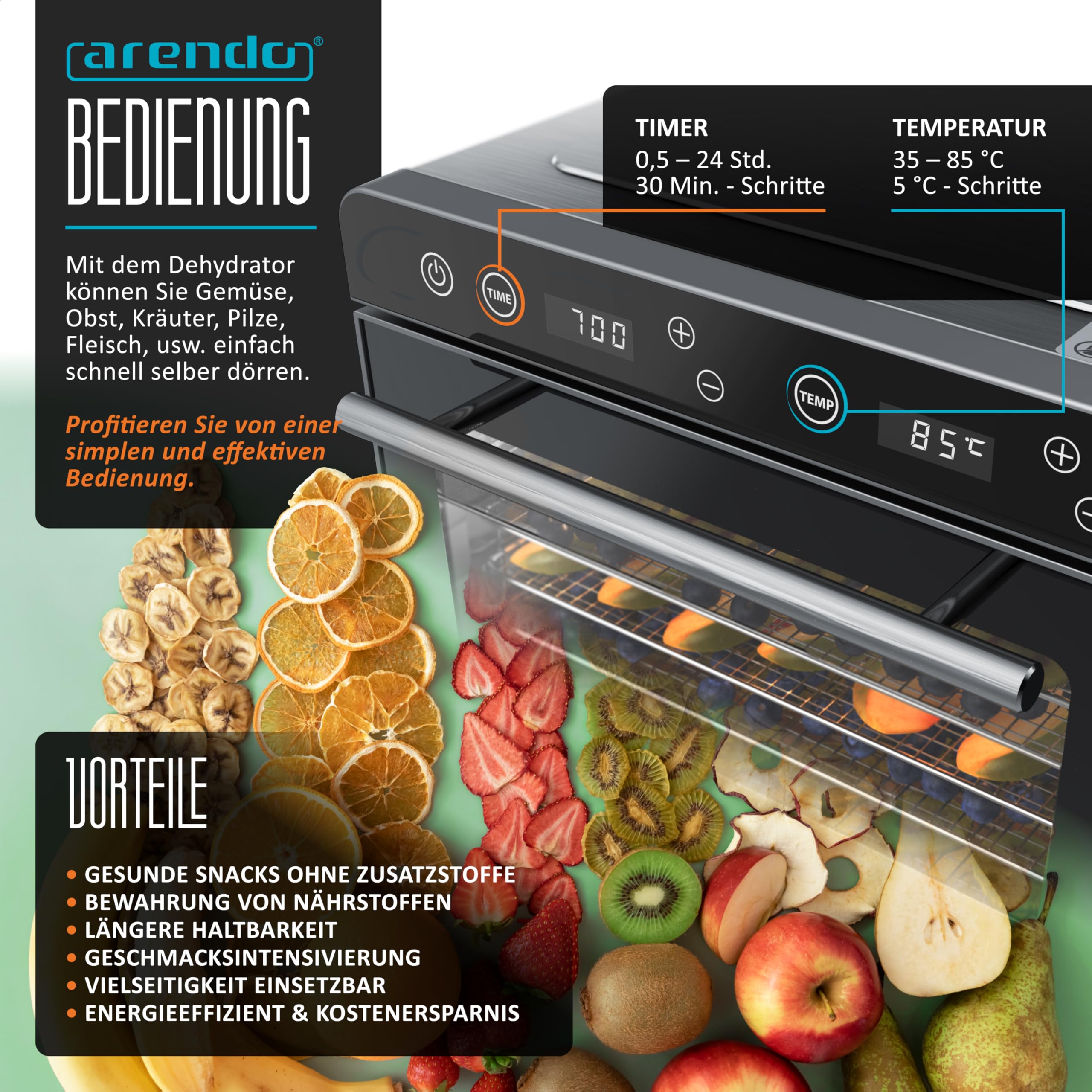 Arendo - Dörrautomat Edelstahl mit 8 Edelstahlgitter - 700 W - 35°-85°C - 8 Edelstahl Einlegetabletts mit insgesamt 6700 cm² - Dörrgerät Dehydrator Obsttrockner Dörrapparat - Obst Fleisch Pilze uvm