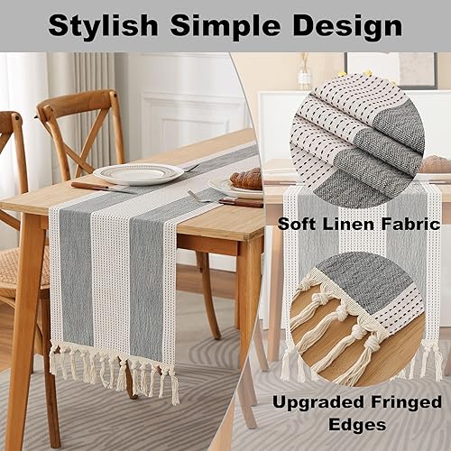 Miniatura 3 de Camino de mesa de arpillera con borlas de 36 pulgadas de largo, estilo bohemio, a rayas anchas, de lino, camino de mesa, accesorios de mesa para