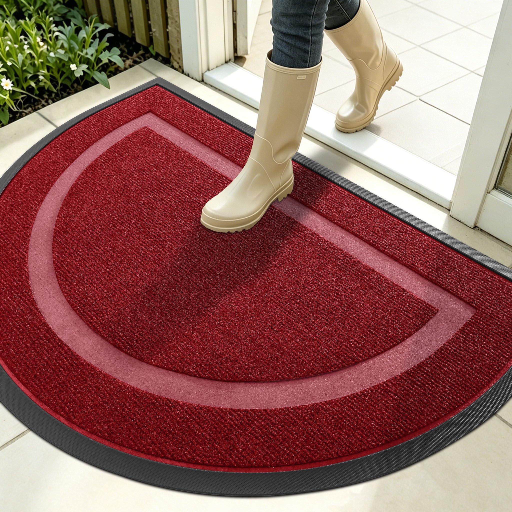 OLANLY Half Circle Front Door Mat Outside 35x23 All-Season Rubber Doormat | Wine Red, Absorbent, Heavy-Duty, Stain Fade Resistant, Waterproof Non-Slip Backing, Low-Profile Indoor Outdoor Entryway Mat