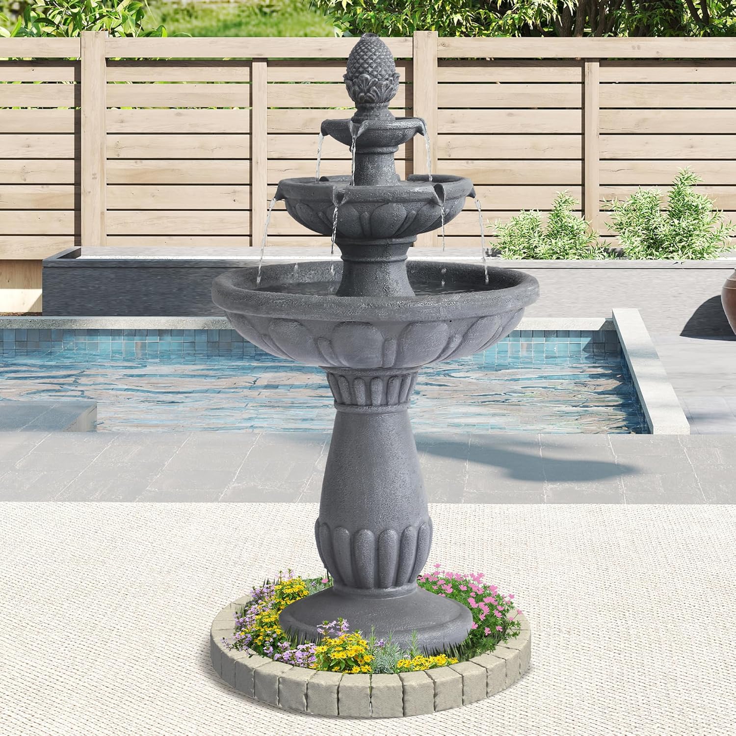 40.6" High Large Italian Outdoor Water Fountain, 3-Tier Standing Bubbler Waterfalls Fountain with Pineapple Top and Roman Pillar, Resin Garden Water Fountains for Bird Bath Patio Yard Deck