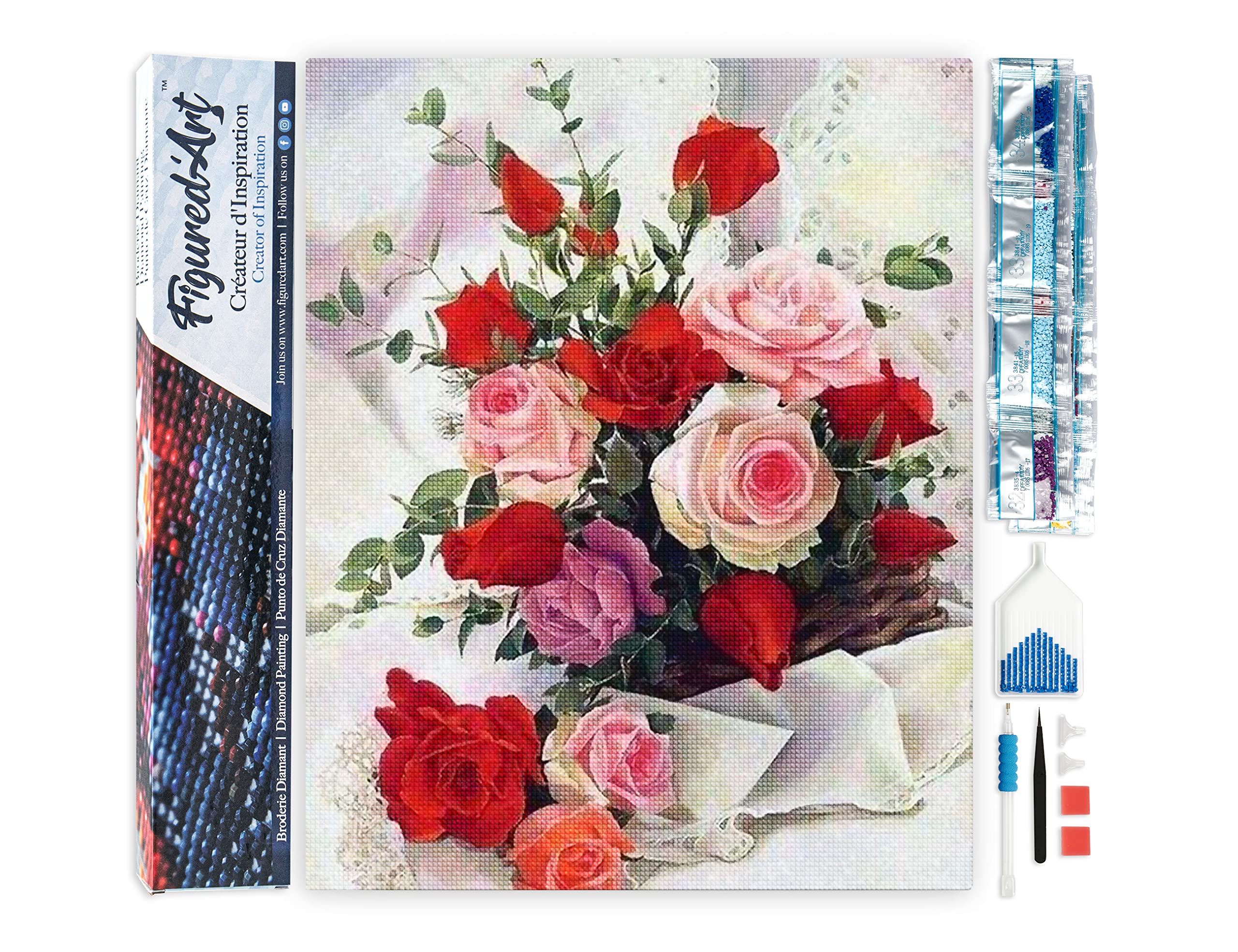 Diamant Painting Bouquet De Roses - Kit Complet 5D 40x50 Cm, Toile Adhésive, Strass, Outil, Décoration Murale DIY