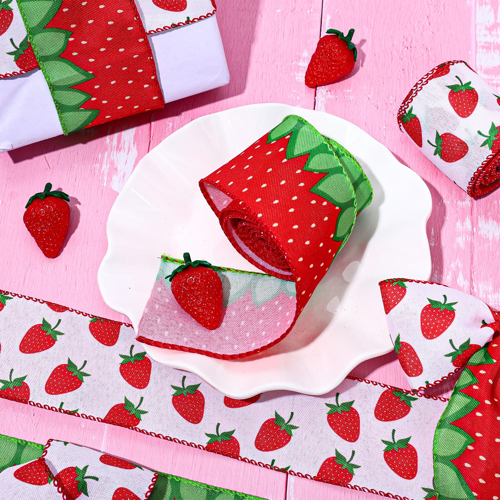 Whaline Erdbeerband Mit Drahtrand – 2 Rollen, Je 6,3 Cm X 4,5 M, Rot-grün | Für Geschenkverpackung, Deko, Basteln & Party