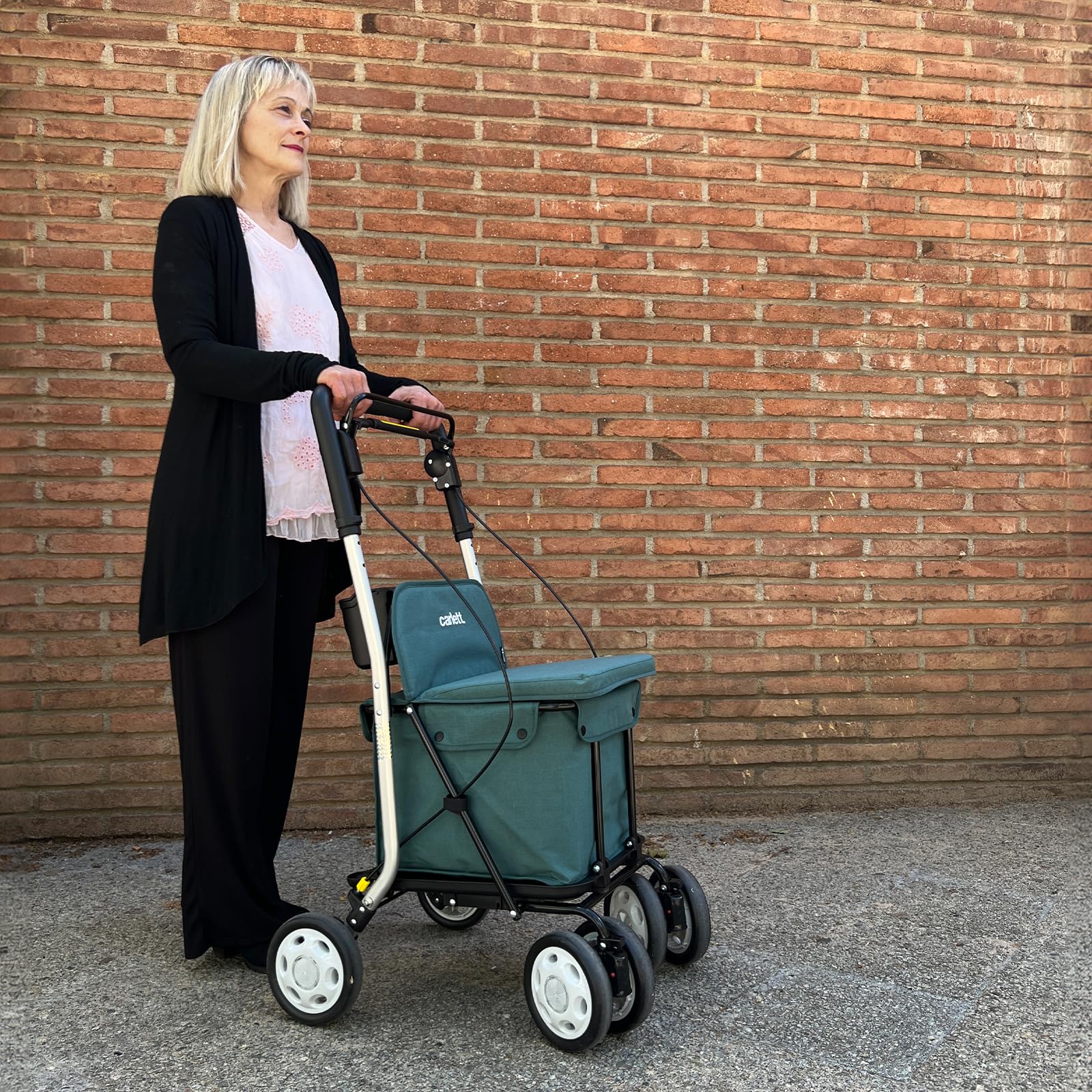 Carlett Einkaufstrolley mit Sitz Bis 125KG Einkaufstrolley Klappbar 29L Rollator mit Sitz, 4 Räder, Bremsen, Griff Verstellbar, Shopping Trolley Foldable Shopping Cart Comfort Move (Dunkelcyan)