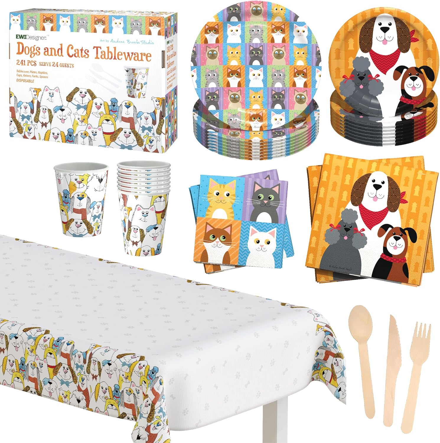 American Design 241Plus Dogs and Cats Disposable Pet Party Supplies Dinnerware Set 24 Guests Tableware Kit Tablecloth Paper Plates Cups Napkins Cutlery FOOD SAFE