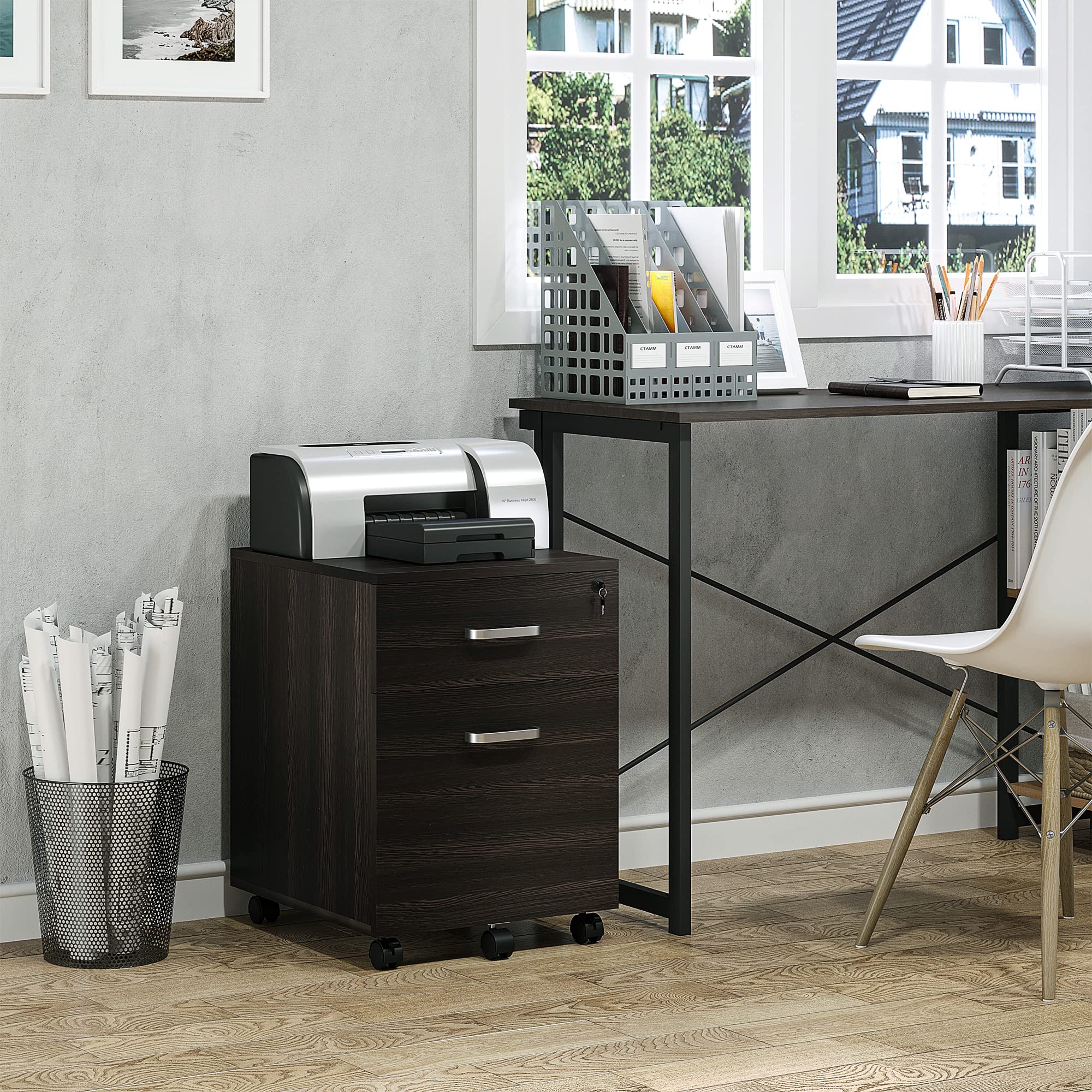 Vinsetto Schedario da Ufficio Cassettiera Per Scrivania in Legno, 2 Cassetti, Serratura con 2 Chiavi, Nero, 40x45x55.6cm