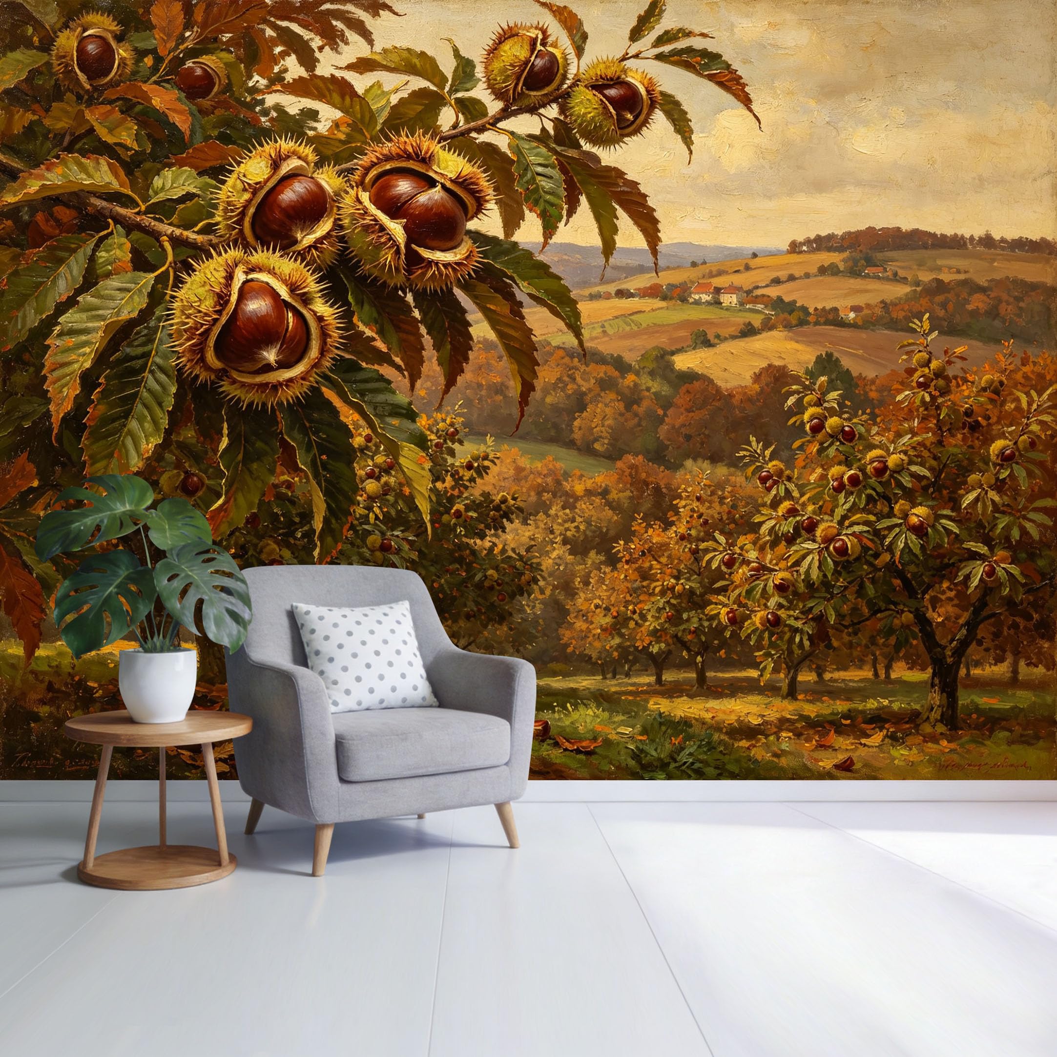 Custom Size Wall Mural Autumn Chestnut Orchard Landscape Golden Harvest Hills Oil Painting Style SelfAdhesive Wall Fabric Removable Wallpaper for Home Office Decor