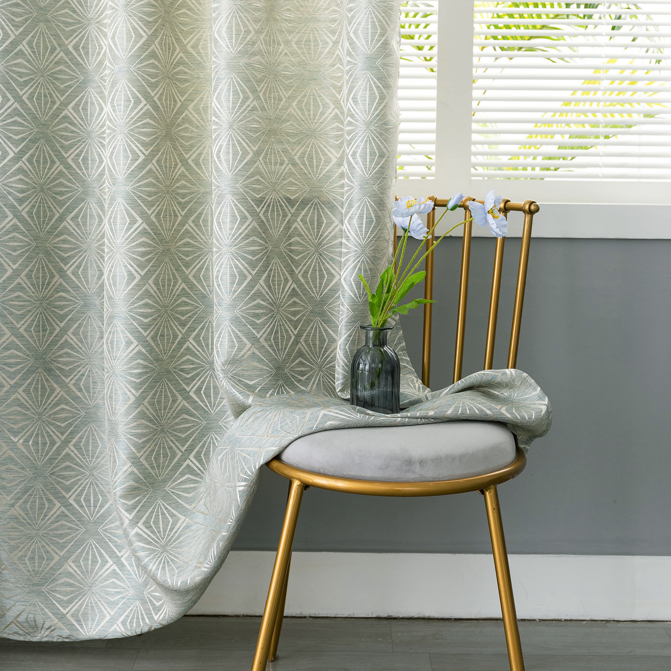GIRASOLE HOME Par de cortinas jacquard semiopacas con estampado de rombos, cortina filtrante para salón, habitación e interiores, 2 paneles con ojales (140 x 235 cm, verde)