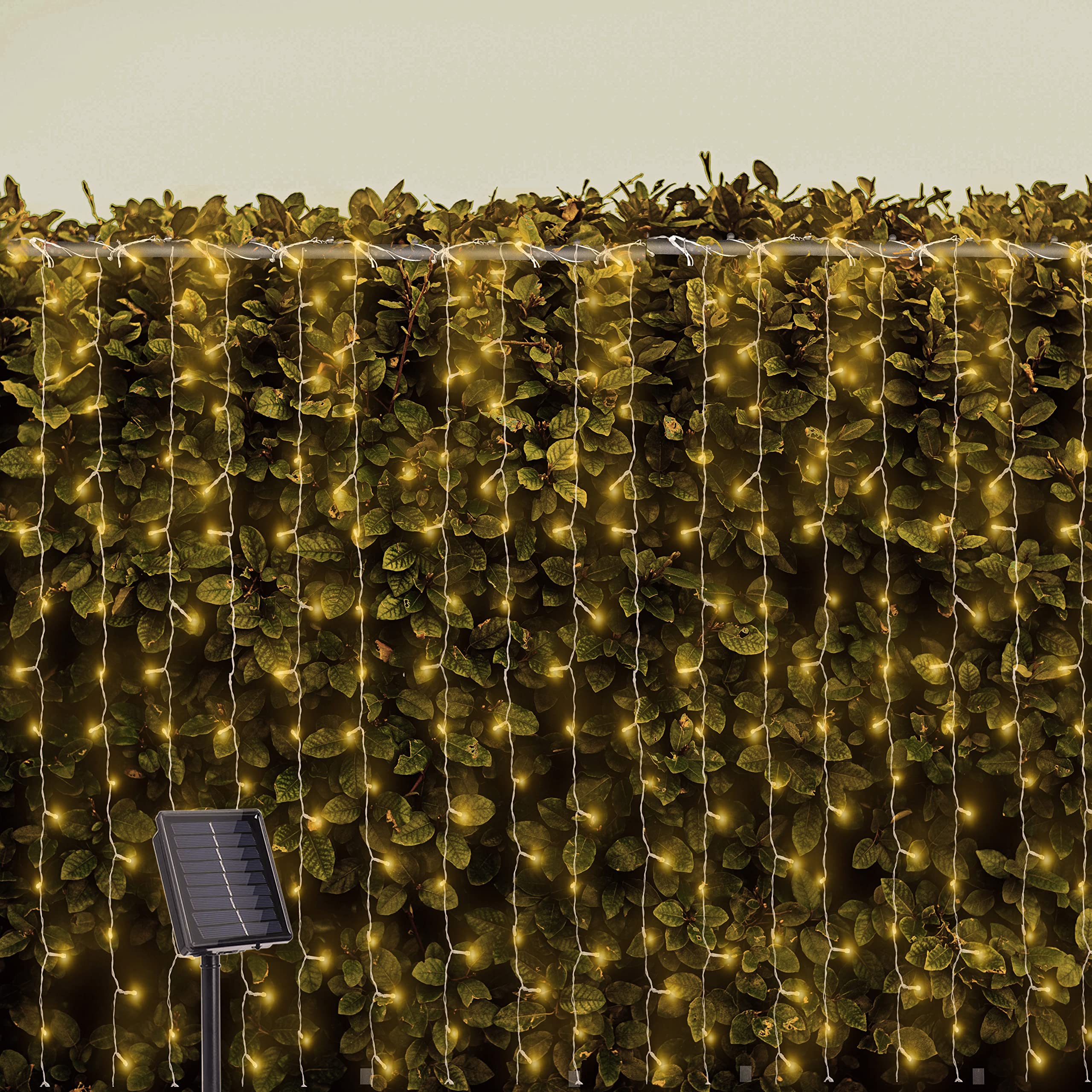 MANBOO Curtain String Lights 6.6ft X 10ft 300 LEDs Warm White, Solar Collector with Indicator, Waterproof Outdoor Indoor Spot String Lights for Xmas Patio Garden Party Lawn Balcony Fence Decoration