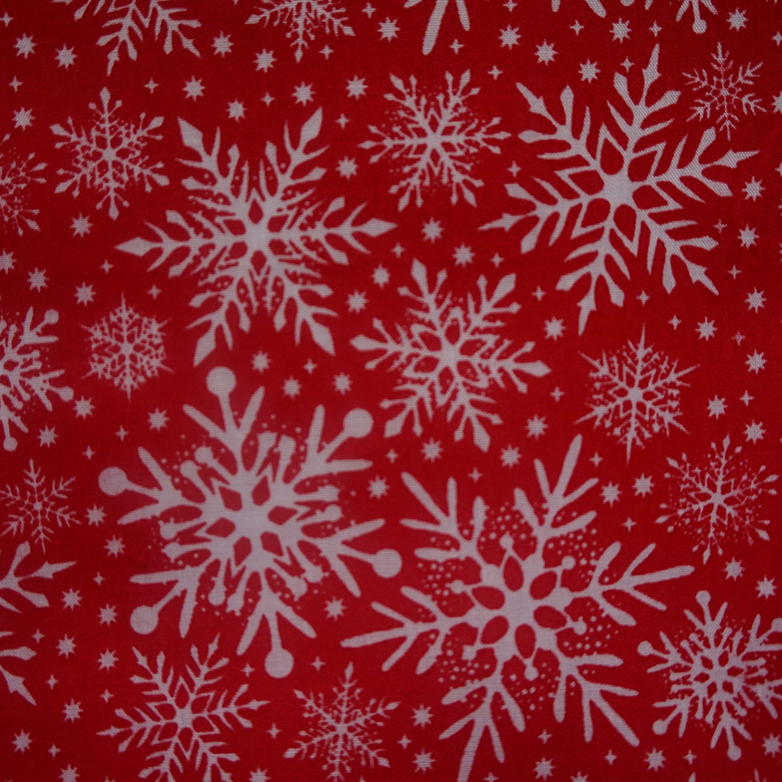 Red Polycotton Fabric with White Snowflake Christmas Print (Per Metre)