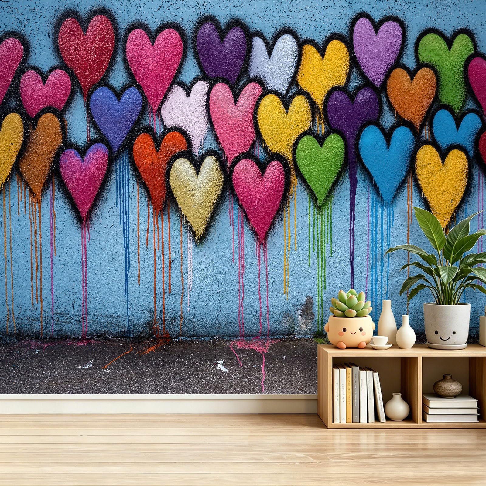 Graffiti fototapeta z włókniny, kolorowe serca, tapeta ścienna z graffiti, wodoszczelna, nadaje się do sypialni, pokoju dziecięcego, salonu, dekoracja ścienna, 250 x 175 cm