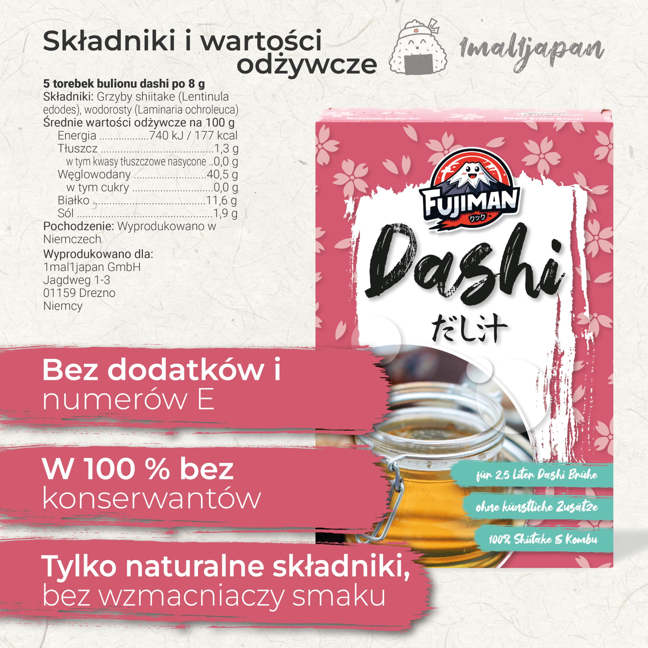 FUJIMAN Dashi bulion w torebkach, gotowy do użycia | zestaw dashi z shiitake i kombu – japoński bulion przyprawowy | wegański, bezglutenowy, bez laktozy, bez wzmacniaczy smaku (5 x 8 g)