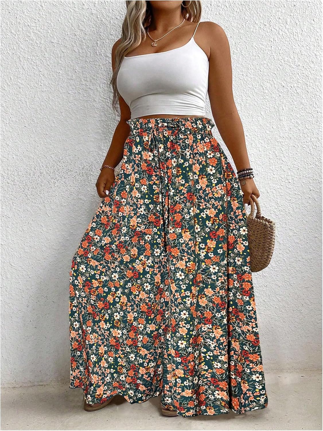 Women's Plus Size Floral Baggy Pants Boho Drawstring Wide Leg Flowy Vacation Palazzo Pants