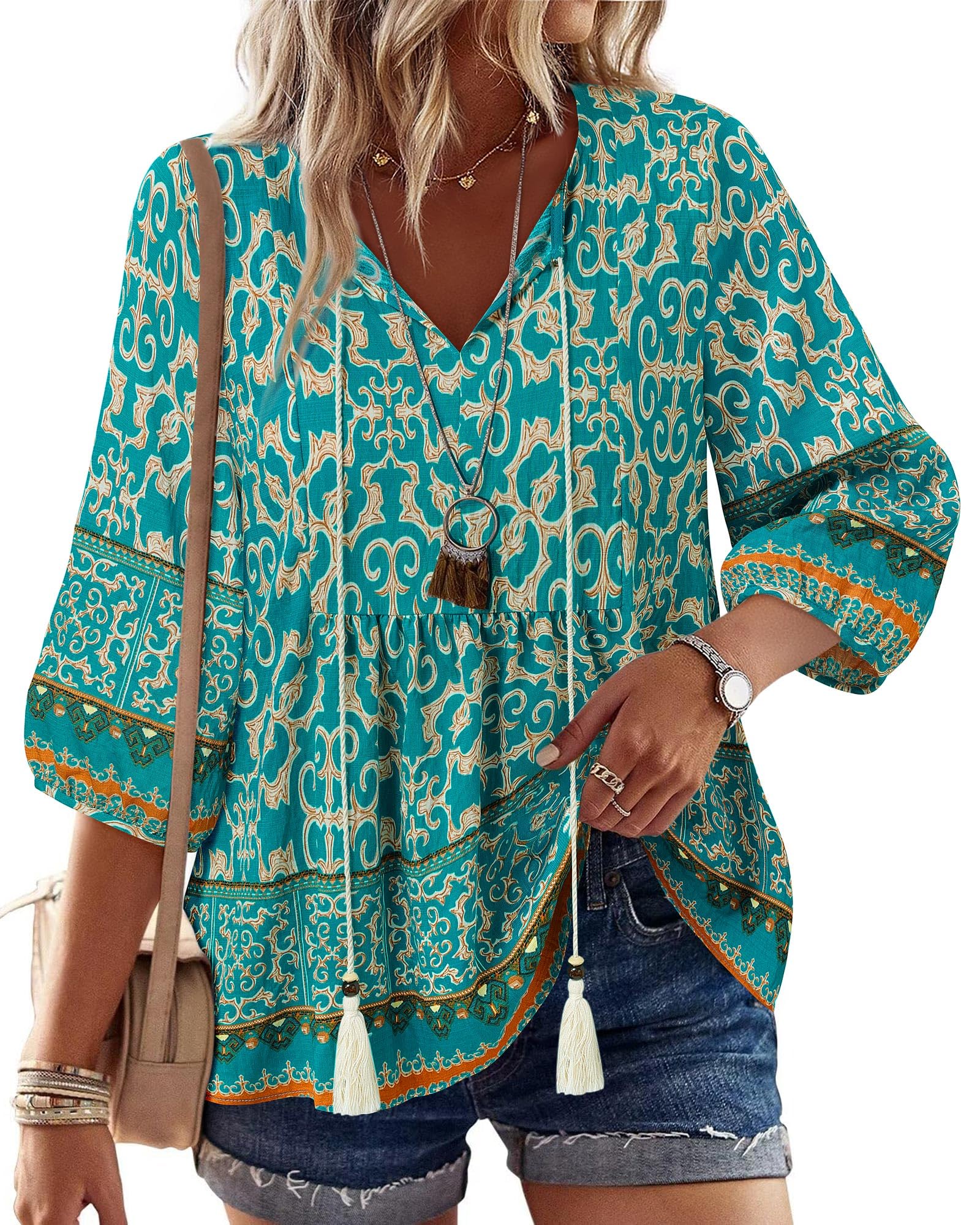 Vivilli Womens Summer Boho Babydoll Tops 3/4 Sleeve Pleated Peplum Blouses Casual V Neck Tie Front 2026 Tunic Tops