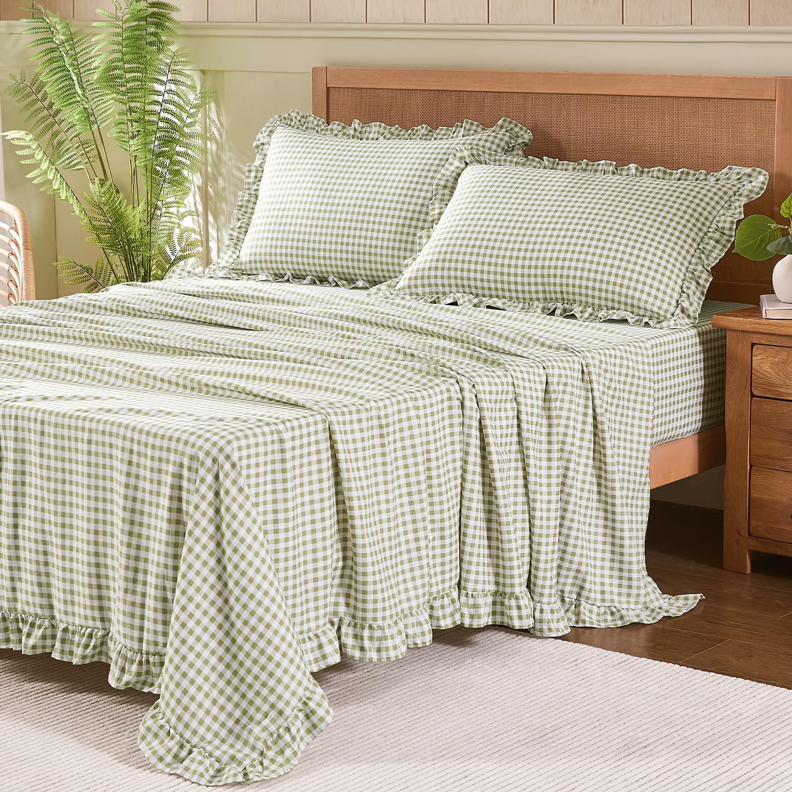 Kisswish Gingham Ruffle Queen Sheet Set
