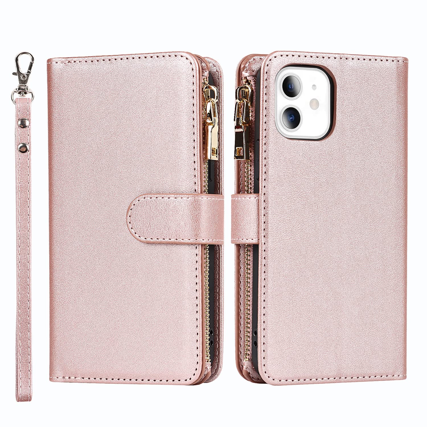 Jaorty Wallet Case Compatible with iPhone 11 Zipper Cash Pocket Magnetic Case Case,[9 Card Slots] [Wrist Strap] [Stand Feature] Luxury Leather Cover Shockproof Slim Case for iPhone 11,6.1