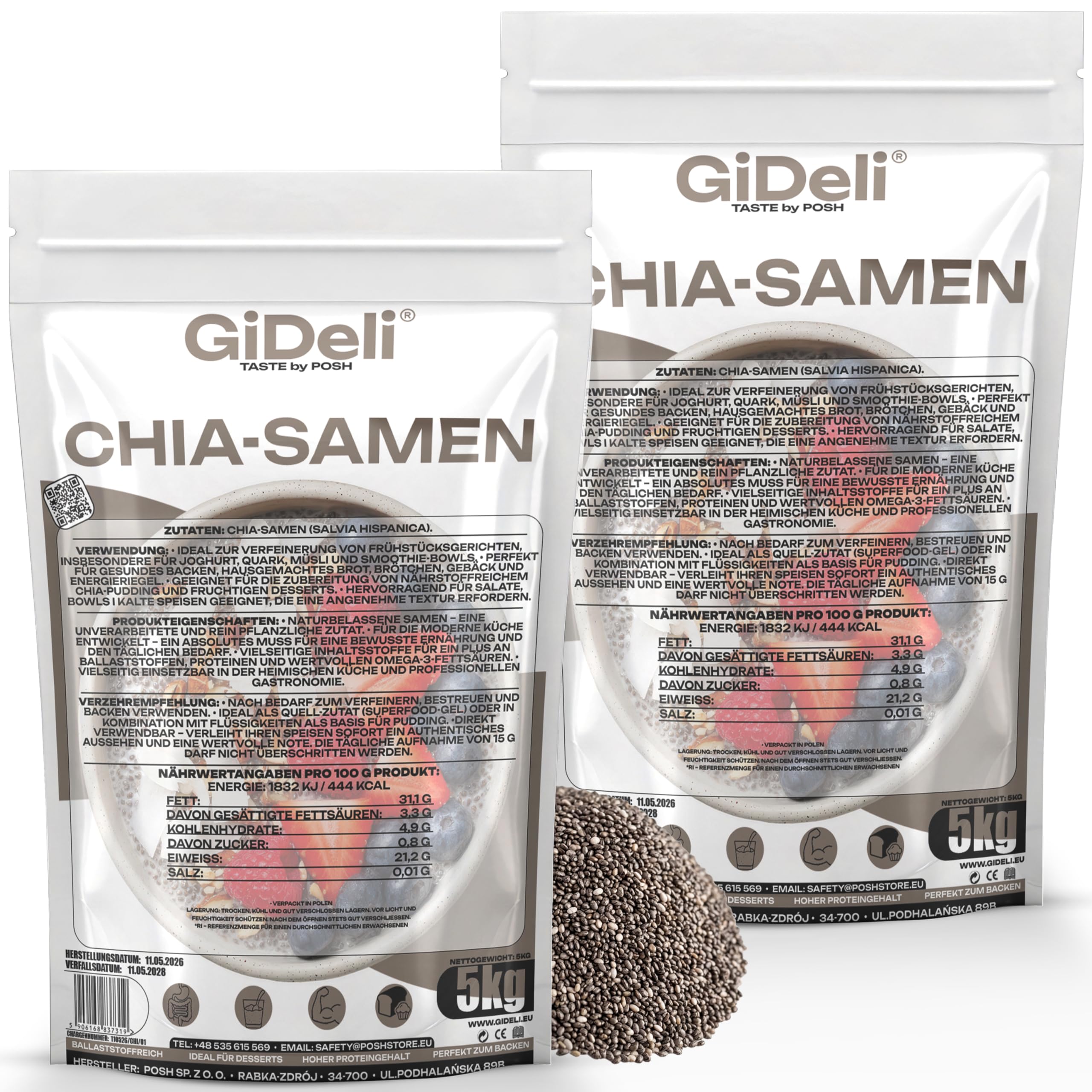 GiDeli Chia-Samen 2x5kg - Rein pflanzlich, ohne Zusätze - Vegane Proteinquelle mit Omega-3 (ALA) - Naturbelassen & Ballaststoffreich - Für Chia-Pudding, Müsli, Smoothies & Backwaren