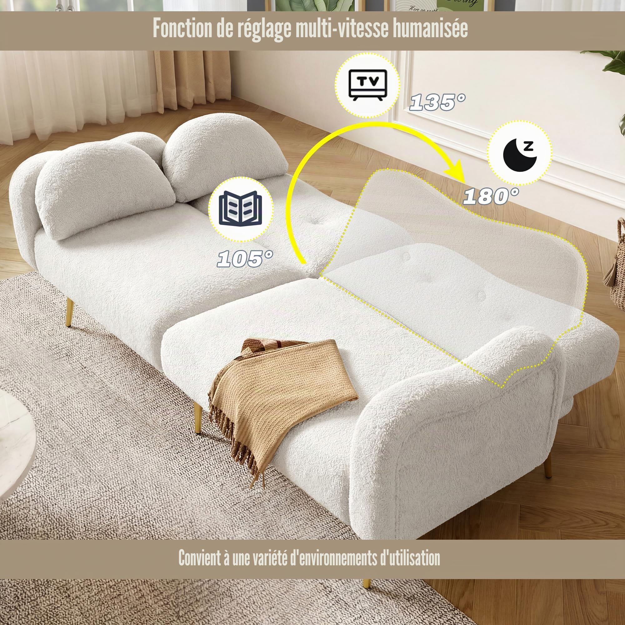 OKMYHOME Canapé Droit Convertible 2 Places avec Dossier 3 Positions et Revêtement Laine d'agneau - Pieds en Métal - Beige