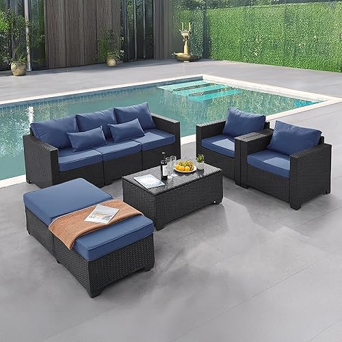 6 Pieces Outdoor Patio Furniture Sets with Furniture Cover, PE Rattan Wicker Patio Conversation Set with Tea Table (Royal Blue Cushions&Black Rattan, Rattan Storage Table)