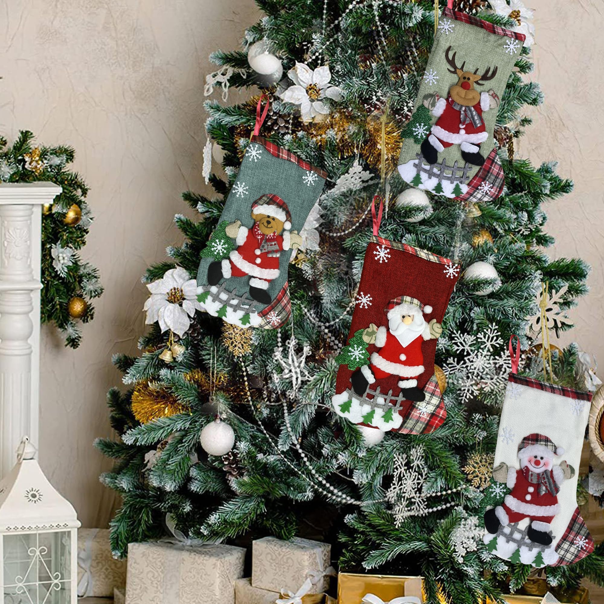 Confezione da 4 calze natalizie con Babbo Natale, pupazzo di neve, renna, decorazioni natalizie, confezione da 4, grandi calze di Natale per le vacanze, decorazioni per la casa e feste di