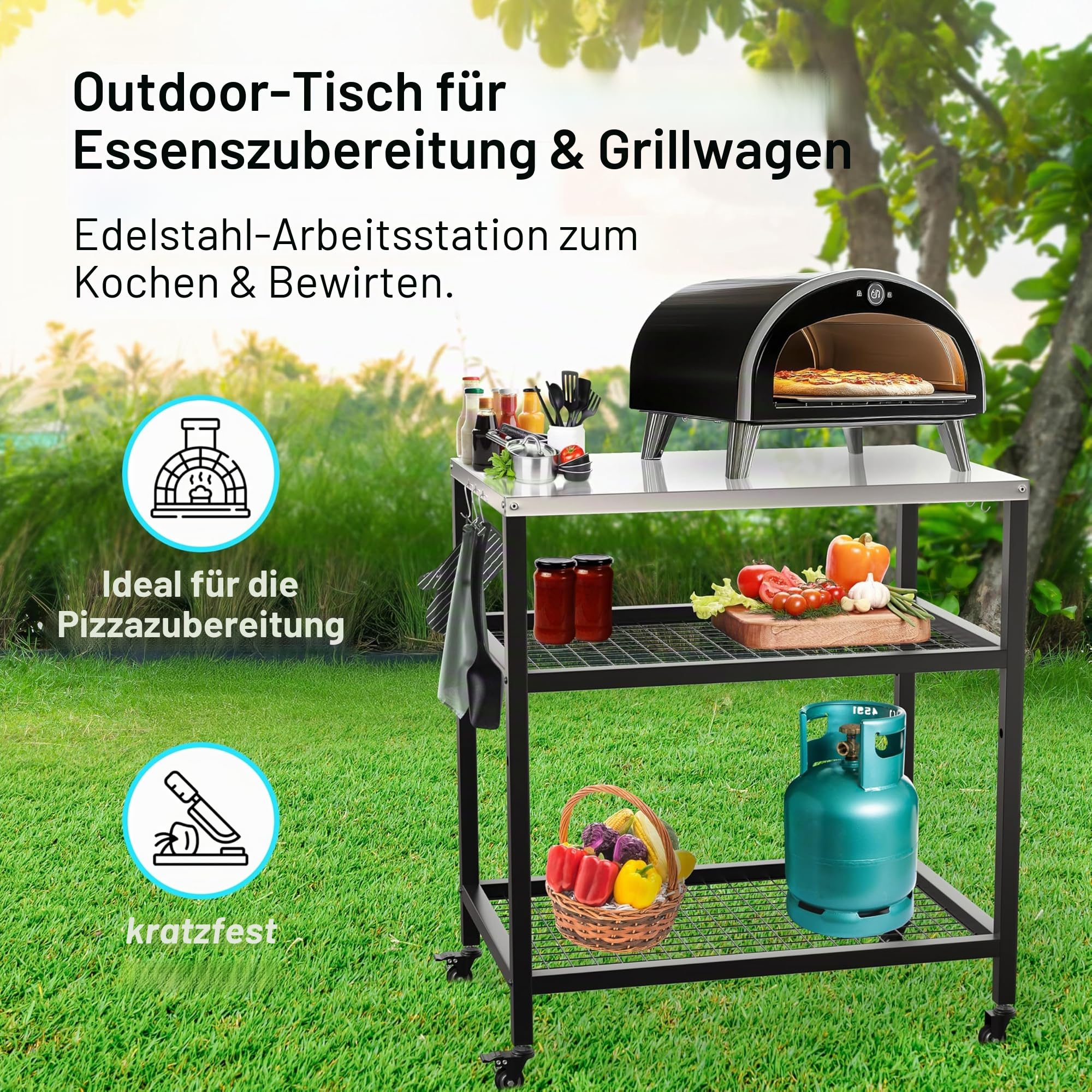 Pizzaofenständer für den Außenbereich, Grillwagen, Tisch, Pizzaofen, Trolleyständer, Edelstahltisch auf Rädern, Esstisch, Vorbereitungstisch, Grillständer für Küche, Terrasse, Hinterhof, Garten, 80 x