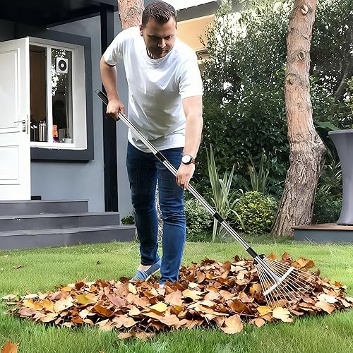 Miniatura 7 de Rastrillo de jardín para hojas, rastrillo de hojas ajustable de metal resistente para césped, longitud de 37 a 81 pulgadas, cabeza ajustable