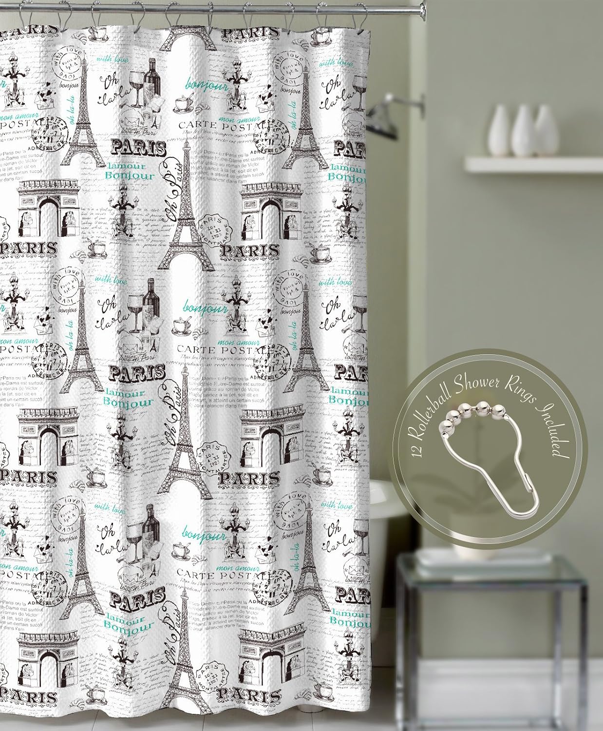 Paris Eiffel Tower Fabric Bathroom Shower Curtain Teal with Roller Ball Hooks