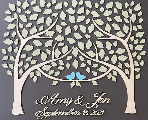 Libro de invitados de boda alternativo 3D Árbol de madera de corazones dos árboles crecen en uno azul marino decoración de boda rústico libro de